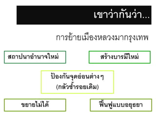 เขาว่ ากันว่ า...
การย้ ายเมืองหลวงมากรุงเทพ
สถาปนาอานาจใหม่

สร้ างบารมีใหม่

ปองกันจุดอ่ อนต่ างๆ
้
(กลัวซารอยเดิม)
้
ขยายไม่ ได้

ฟื ้ นฟูแบบอยุธยา

 