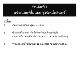 งานชิ้นที่ 1
สร้างแผนที่โมเดลกรุงรัตนโกสินทร์
คาชี้แจง
1.
ให้นกเรียนแบ่งกลุม กลุ่มละ 4 - 5 คน
ั
่
2.

สร้างแผนทีโมเดลกรุงรัตนโกสินทร์ลงบนฟิวเจอร์บอร์ด
่
ตามขนาดทีกาหนด คือ เท่ากระดาษ A3 (29.7 x 42 เซนติเมตร)
่

3.

กาหนดส่งภายในวันศุกร์ที่ 22 พ.ย. 2556 ก่อนเวลา 16.30 น.

 