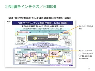 ③NII統合インデクス／④ERDB
報告書「電子的学術情報資源を中心とする新たな基盤構築に向けた構想」（2012.3）

統合インデクスの導入を
検討

電子リソース版NACSISCAT（2012年度プロトタ
イプ構築，2014年度後
半運用開始目標）

108

 