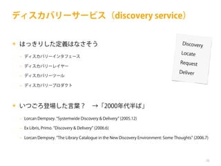 ディスカバリーサービス（discovery service）
✴ はっきりした定義はなさそう

Discovery

‒ ディスカバリーインタフェース

Locate

‒ ディスカバリーレイヤー

Request

‒ ディスカバリーツール

Deliver

‒ ディスカバリープロダクト

✴ いつごろ登場した言葉？ →「2000年代半ば」
‒ Lorcan Dempsey. Systemwide Discovery & Delivery (2005.12)
‒ Ex Libris, Primo. Discovery & Delivery (2006.6)
‒ Lorcan Dempsey. The Library Catalogue in the New Discovery Environment: Some Thoughts (2006.7)

20

 
