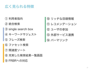 広く見られる特徴
① 利用者指向

⑩ リッチな目録情報

② 統合検索

⑪ レコメンデーション

③ single search box

⑫ ユーザの参加

④ キーワードサジェスト

⑬ 外部サービス連携

⑤ フレーズ検索

⑭ パーマリンク

⑥ ファセット検索
⑦ 関連度ソート
⑧ 充実した検索結果一覧画面
⑨ FRBRへの対応
27

 