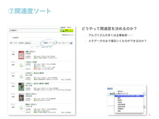 ⑦関連度ソート
どうやって関連度を決めるのか？
‒ アルゴリズムの多くは企業秘密……
‒ メタデータのみで満足いくものができるのか？

35

 