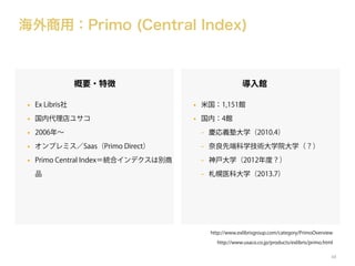 海外商用：Primo (Central Index)

概要・特徴

導入館

•

Ex Libris社

•

米国：1,151館

•

国内代理店ユサコ

•

国内：4館

•

2006年∼

-

慶応義塾大学（2010.4）

•

オンプレミス／Saas（Primo Direct）

-

奈良先端科学技術大学院大学（？）

•

Primo Central Index＝統合インデクスは別商

-

神戸大学（2012年度？）

品

-

札幌医科大学（2013.7）

http://www.exlibrisgroup.com/category/PrimoOverview
http://www.usaco.co.jp/products/exlibris/primo.html
48

 
