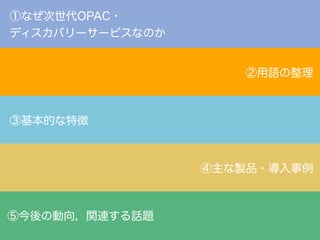 ①なぜ次世代OPAC・
ディスカバリーサービスなのか

②用語の整理

③基本的な特徴

④主な製品・導入事例

⑤今後の動向，関連する話題

 