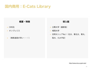 国内商用：E-Cats Library

概要・特徴

導入館

•

CMS社

•

立教大学（最新版）

•

オンプレミス

•

城西大学

•

旧帝大シェアNo.1（北大，東北大，東大，

•

（検索速度が早い……！）

阪大，九大予定）

http://www.cmsc.co.jp/e-cats/
79

 
