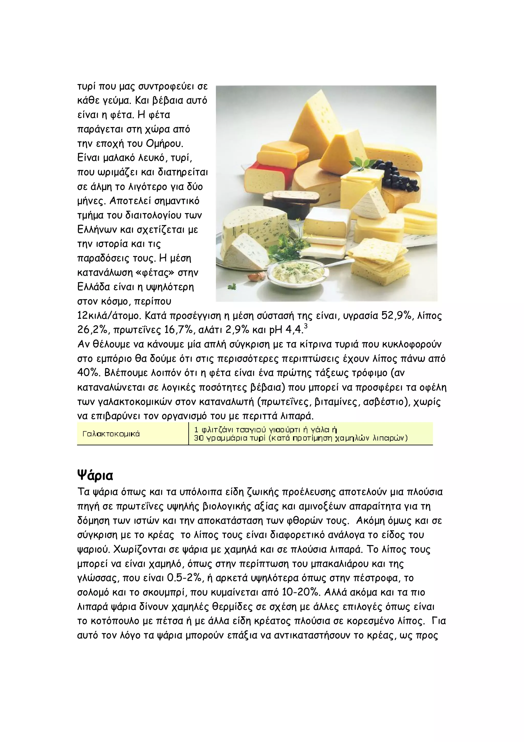 τυρί που μας συντροφεύει σε
κάθε γεύμα. Και βέβαια αυτό
είναι η φέτα. Η φέτα
παράγεται στη χώρα από
την εποχή του Ομήρου.
Είναι μαλακό λευκό, τυρί,
που ωριμάζει και διατηρείται
σε άλμη το λιγότερο για δύο
μήνες. Αποτελεί σημαντικό
τμήμα του διαιτολογίου των
Ελλήνων και σχετίζεται με
την ιστορία και τις
παραδόσεις τους. Η μέση
κατανάλωση «φέτας» στην
Ελλάδα είναι η υψηλότερη
στον κόσμο, περίπου
12κιλά/άτομο. Κατά προσέγγιση η μέση σύστασή της είναι, υγρασία 52,9%, λίπος
26,2%, πρωτεΐνες 16,7%, αλάτι 2,9% και pH 4,4.3
Αν θέλουμε να κάνουμε μία απλή σύγκριση με τα κίτρινα τυριά που κυκλοφορούν
στο εμπόριο θα δούμε ότι στις περισσότερες περιπτώσεις έχουν λίπος πάνω από
40%. Βλέπουμε λοιπόν ότι η φέτα είναι ένα πρώτης τάξεως τρόφιμο (αν
καταναλώνεται σε λογικές ποσότητες βέβαια) που μπορεί να προσφέρει τα οφέλη
των γαλακτοκομικών στον καταναλωτή (πρωτεΐνες, βιταμίνες, ασβέστιο), χωρίς
να επιβαρύνει τον οργανισμό του με περιττά λιπαρά.

Ψάρια
Τα ψάρια όπως και τα υπόλοιπα είδη ζωικής προέλευσης αποτελούν μια πλούσια
πηγή σε πρωτεΐνες υψηλής βιολογικής αξίας και αμινοξέων απαραίτητα για τη
δόμηση των ιστών και την αποκατάσταση των φθορών τους. Ακόμη όμως και σε
σύγκριση με το κρέας το λίπος τους είναι διαφορετικό ανάλογα το είδος του
ψαριού. Χωρίζονται σε ψάρια με χαμηλά και σε πλούσια λιπαρά. Το λίπος τους
μπορεί να είναι χαμηλό, όπως στην περίπτωση του μπακαλιάρου και της
γλώσσας, που είναι 0.5-2%, ή αρκετά υψηλότερα όπως στην πέστροφα, το
σολομό και το σκουμπρί, που κυμαίνεται από 10-20%. Αλλά ακόμα και τα πιο
λιπαρά ψάρια δίνουν χαμηλές θερμίδες σε σχέση με άλλες επιλογές όπως είναι
το κοτόπουλο με πέτσα ή με άλλα είδη κρέατος πλούσια σε κορεσμένο λίπος. Για
αυτό τον λόγο τα ψάρια μπορούν επάξια να αντικαταστήσουν το κρέας, ως προς

 