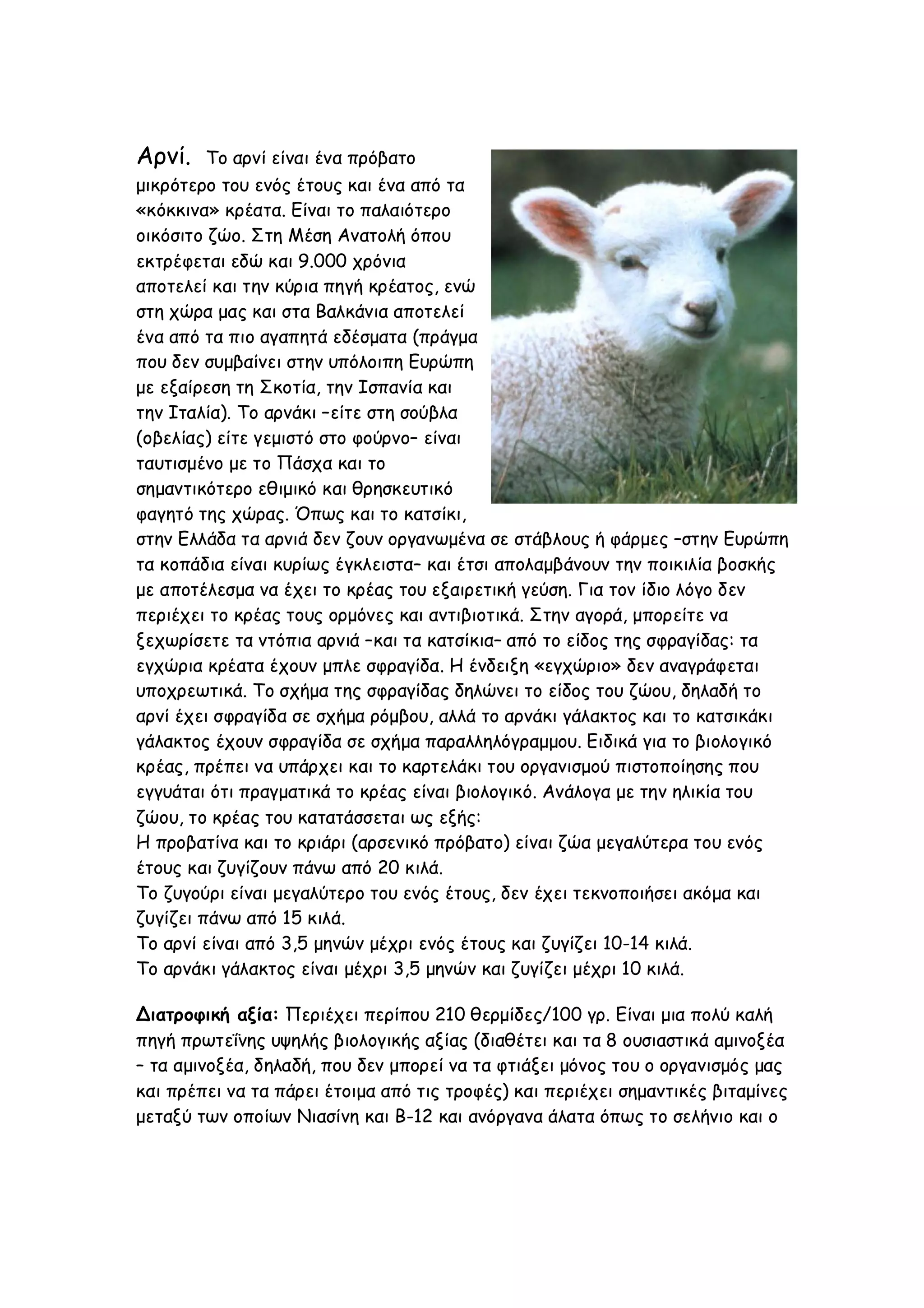 Αρνί.

To αρνί είναι ένα πρόβατο
μικρότερο του ενός έτους και ένα από τα
«κόκκινα» κρέατα. Είναι το παλαιότερο
οικόσιτο ζώο. Στη Μέση Ανατολή όπου
εκτρέφεται εδώ και 9.000 χρόνια
αποτελεί και την κύρια πηγή κρέατος, ενώ
στη χώρα μας και στα Βαλκάνια αποτελεί
ένα από τα πιο αγαπητά εδέσματα (πράγμα
που δεν συμβαίνει στην υπόλοιπη Ευρώπη
με εξαίρεση τη Σκοτία, την Ισπανία και
την Ιταλία). Το αρνάκι –είτε στη σούβλα
(οβελίας) είτε γεμιστό στο φούρνο– είναι
ταυτισμένο με το Πάσχα και το
σημαντικότερο εθιμικό και θρησκευτικό
φαγητό της χώρας. Όπως και το κατσίκι,
στην Ελλάδα τα αρνιά δεν ζουν οργανωμένα σε στάβλους ή φάρμες –στην Ευρώπη
τα κοπάδια είναι κυρίως έγκλειστα– και έτσι απολαμβάνουν την ποικιλία βοσκής
με αποτέλεσμα να έχει το κρέας του εξαιρετική γεύση. Για τον ίδιο λόγο δεν
περιέχει το κρέας τους ορμόνες και αντιβιοτικά. Στην αγορά, μπορείτε να
ξεχωρίσετε τα ντόπια αρνιά –και τα κατσίκια– από το είδος της σφραγίδας: τα
εγχώρια κρέατα έχουν μπλε σφραγίδα. Η ένδειξη «εγχώριο» δεν αναγράφεται
υποχρεωτικά. Το σχήμα της σφραγίδας δηλώνει το είδος του ζώου, δηλαδή το
αρνί έχει σφραγίδα σε σχήμα ρόμβου, αλλά το αρνάκι γάλακτος και το κατσικάκι
γάλακτος έχουν σφραγίδα σε σχήμα παραλληλόγραμμου. Ειδικά για το βιολογικό
κρέας, πρέπει να υπάρχει και το καρτελάκι του οργανισμού πιστοποίησης που
εγγυάται ότι πραγματικά το κρέας είναι βιολογικό. Ανάλογα με την ηλικία του
ζώου, το κρέας του κατατάσσεται ως εξής:
Η προβατίνα και το κριάρι (αρσενικό πρόβατο) είναι ζώα μεγαλύτερα του ενός
έτους και ζυγίζουν πάνω από 20 κιλά.
Το ζυγούρι είναι μεγαλύτερο του ενός έτους, δεν έχει τεκνοποιήσει ακόμα και
ζυγίζει πάνω από 15 κιλά.
Το αρνί είναι από 3,5 μηνών μέχρι ενός έτους και ζυγίζει 10-14 κιλά.
Το αρνάκι γάλακτος είναι μέχρι 3,5 μηνών και ζυγίζει μέχρι 10 κιλά.
Διατροφική αξία: Περιέχει περίπου 210 θερμίδες/100 γρ. Είναι μια πολύ καλή
πηγή πρωτεΐνης υψηλής βιολογικής αξίας (διαθέτει και τα 8 ουσιαστικά αμινοξέα
– τα αμινοξέα, δηλαδή, που δεν μπορεί να τα φτιάξει μόνος του ο οργανισμός μας
και πρέπει να τα πάρει έτοιμα από τις τροφές) και περιέχει σημαντικές βιταμίνες
μεταξύ των οποίων Νιασίνη και Β-12 και ανόργανα άλατα όπως το σελήνιο και ο

 