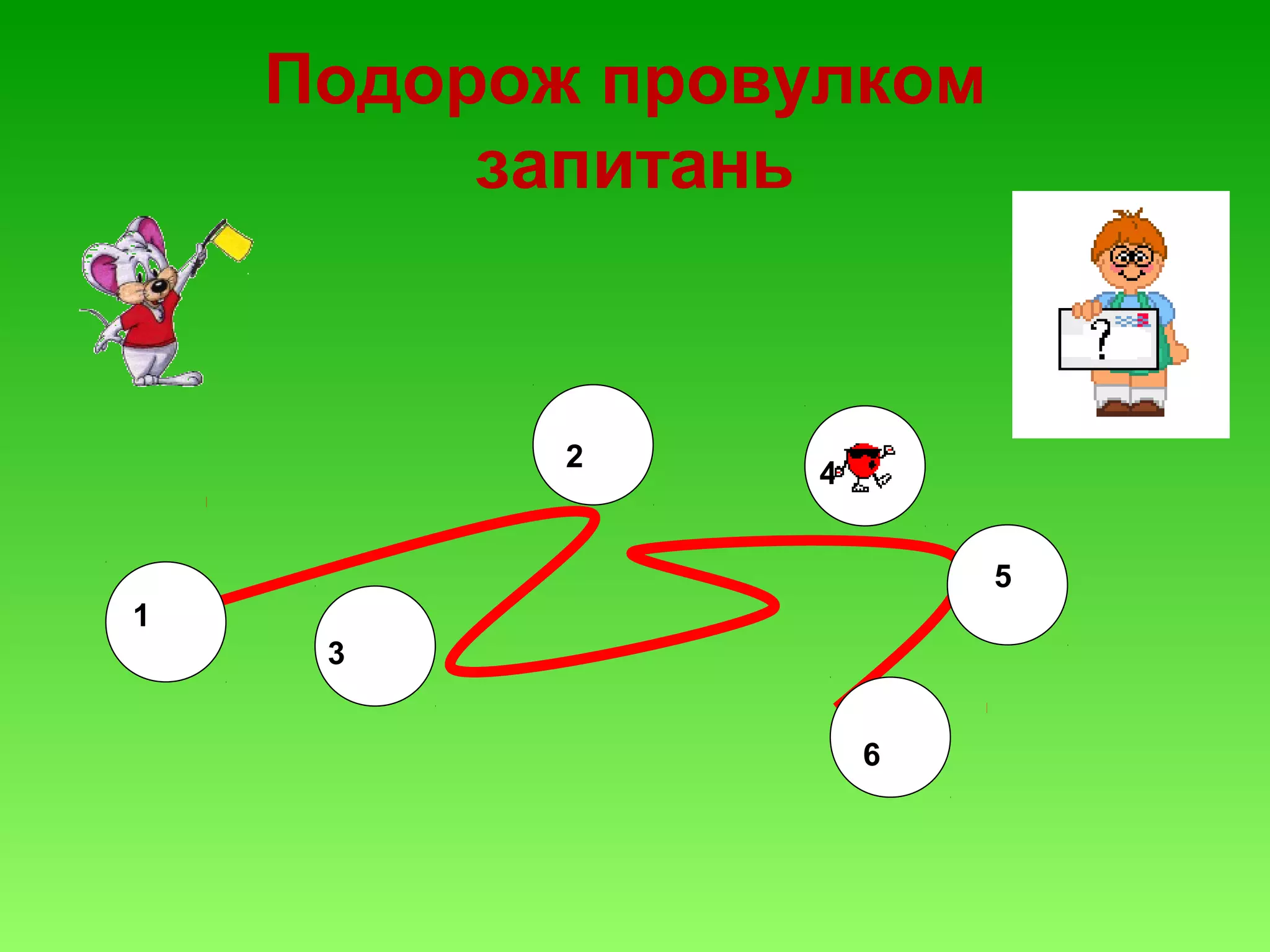 Подорож провулком
запитань

2

4
5

1
3
6

 
