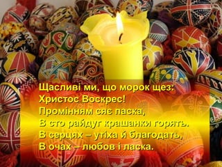 Щасливі ми, що морок щез:
Христос Воскрес!
Промінням сяє паска,
В сто райдуг крашанки горять.
В серцях – утіха й благодать,
В очах – любов і ласка.

 