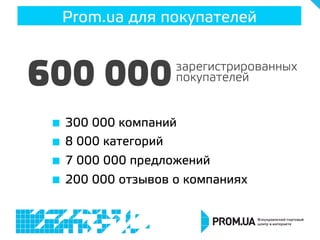 Prom.ua для покупателей

600 000

зарегистрированных
покупателей

  300 000 компаний
  8 000 категорий
  7 000 000 предложений
  200 000 отзывов о компаниях

 