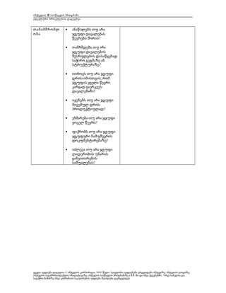 ინტელის ® სასწავლო პროგრამა
ეფექტური პროექტების დაგეგმვა

თანამშრომლ
ობა

•

ანაწილებს თუ არა
ჯგუფი დავალებას
წევრებს შორის?

•

თანხმდება თუ არა
ჯგუფი დავალების
შესრულების დასაწყებად
საჭირო გეგმაზე ან
სტრუქტურაზე?

•

ითხოვს თუ არა ჯგუფი
დროს იმისთვის, რომ
ჯგუფის ყველა წევრი
კარგად გაერკვეს
დავალებაში?

•

იყენებს თუ არა ჯგუფი
მიცემულ დროს
პროდუქტიულად?

•

ეხმარება თუ არა ჯგუფი
ყოველ წევრს?

•

ფიქრობს თუ არა ჯგუფი
ჯგუფური ნამუშევრის
დოკუმენტირებაზე?

•

იძლევა თუ არა ჯგუფი
ლიდერობის უნარის
განვითარების
საშუალებას?

ყველა უფლება დაცულია © ინტელის კორპორაცია, 2010 წელი. საავტორო უფლებები ვრცელდება ინტელზე, ინტელის ლოგოზე,
ინტელის საგანმანათლებლო ინიციატივაზე, ინტელის სასწავლო პროგრამაზე ა.შ.შ.-ში და სხვა ქვეყნებში. *სხვა სახელსა და
სავაჭრო ნიშანზე სხვა კომპანიის საკუთრების უფლება შეიძლება გავრცელდეს

 