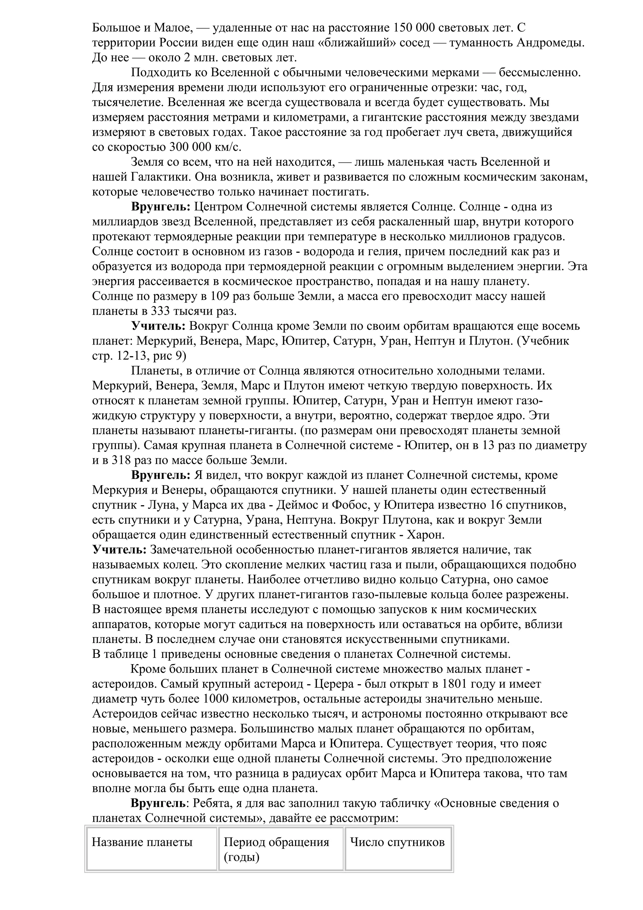 Большое и Малое, — удаленные от нас на расстояние 150 000 световых лет. С
территории России виден еще один наш «ближайший» сосед — туманность Андромеды.
До нее — около 2 млн. световых лет.
Подходить ко Вселенной с обычными человеческими мерками — бессмысленно.
Для измерения времени люди используют его ограниченные отрезки: час, год,
тысячелетие. Вселенная же всегда существовала и всегда будет существовать. Мы
измеряем расстояния метрами и километрами, а гигантские расстояния между звездами
измеряют в световых годах. Такое расстояние за год пробегает луч света, движущийся
со скоростью 300 000 км/с.
Земля со всем, что на ней находится, — лишь маленькая часть Вселенной и
нашей Галактики. Она возникла, живет и развивается по сложным космическим законам,
которые человечество только начинает постигать.
Врунгель: Центром Солнечной системы является Солнце. Солнце - одна из
миллиардов звезд Вселенной, представляет из себя раскаленный шар, внутри которого
протекают термоядерные реакции при температуре в несколько миллионов градусов.
Солнце состоит в основном из газов - водорода и гелия, причем последний как раз и
образуется из водорода при термоядерной реакции с огромным выделением энергии. Эта
энергия рассеивается в космическое пространство, попадая и на нашу планету.
Солнце по размеру в 109 раз больше Земли, а масса его превосходит массу нашей
планеты в 333 тысячи раз.
Учитель: Вокруг Солнца кроме Земли по своим орбитам вращаются еще восемь
планет: Меркурий, Венера, Марс, Юпитер, Сатурн, Уран, Нептун и Плутон. (Учебник
стр. 12-13, рис 9)
Планеты, в отличие от Солнца являются относительно холодными телами.
Меркурий, Венера, Земля, Марс и Плутон имеют четкую твердую поверхность. Их
относят к планетам земной группы. Юпитер, Сатурн, Уран и Нептун имеют газожидкую структуру у поверхности, а внутри, вероятно, содержат твердое ядро. Эти
планеты называют планеты-гиганты. (по размерам они превосходят планеты земной
группы). Самая крупная планета в Солнечной системе - Юпитер, он в 13 раз по диаметру
и в 318 раз по массе больше Земли.
Врунгель: Я видел, что вокруг каждой из планет Солнечной системы, кроме
Меркурия и Венеры, обращаются спутники. У нашей планеты один естественный
спутник - Луна, у Марса их два - Деймос и Фобос, у Юпитера известно 16 спутников,
есть спутники и у Сатурна, Урана, Нептуна. Вокруг Плутона, как и вокруг Земли
обращается один единственный естественный спутник - Харон.
Учитель: Замечательной особенностью планет-гигантов является наличие, так
называемых колец. Это скопление мелких частиц газа и пыли, обращающихся подобно
спутникам вокруг планеты. Наиболее отчетливо видно кольцо Сатурна, оно самое
большое и плотное. У других планет-гигантов газо-пылевые кольца более разрежены.
В настоящее время планеты исследуют с помощью запусков к ним космических
аппаратов, которые могут садиться на поверхность или оставаться на орбите, вблизи
планеты. В последнем случае они становятся искусственными спутниками.
В таблице 1 приведены основные сведения о планетах Солнечной системы.
Кроме больших планет в Солнечной системе множество малых планет астероидов. Самый крупный астероид - Церера - был открыт в 1801 году и имеет
диаметр чуть более 1000 километров, остальные астероиды значительно меньше.
Астероидов сейчас известно несколько тысяч, и астрономы постоянно открывают все
новые, меньшего размера. Большинство малых планет обращаются по орбитам,
расположенным между орбитами Марса и Юпитера. Существует теория, что пояс
астероидов - осколки еще одной планеты Солнечной системы. Это предположение
основывается на том, что разница в радиусах орбит Марса и Юпитера такова, что там
вполне могла бы быть еще одна планета.
Врунгель: Ребята, я для вас заполнил такую табличку «Основные сведения о
планетах Солнечной системы», давайте ее рассмотрим:
Название планеты

Период обращения
(годы)

Число спутников

 