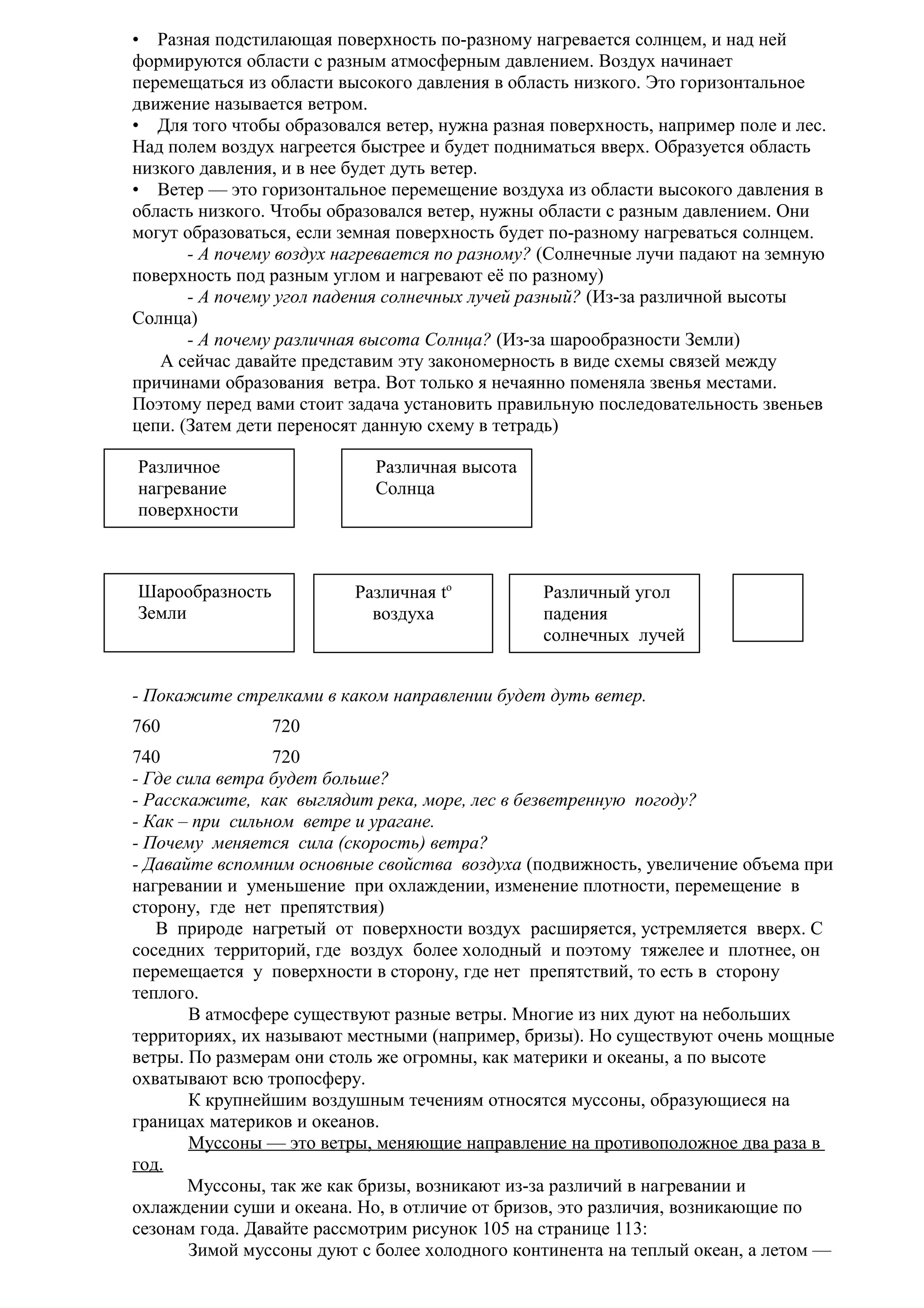 • Разная подстилающая поверхность по-разному нагревается солнцем, и над ней
формируются области с разным атмосферным давлением. Воздух начинает
перемещаться из области высокого давления в область низкого. Это горизонтальное
движение называется ветром.
• Для того чтобы образовался ветер, нужна разная поверхность, например поле и лес.
Над полем воздух нагреется быстрее и будет подниматься вверх. Образуется область
низкого давления, и в нее будет дуть ветер.
• Ветер — это горизонтальное перемещение воздуха из области высокого давления в
область низкого. Чтобы образовался ветер, нужны области с разным давлением. Они
могут образоваться, если земная поверхность будет по-разному нагреваться солнцем.
- А почему воздух нагревается по разному? (Солнечные лучи падают на земную
поверхность под разным углом и нагревают её по разному)
- А почему угол падения солнечных лучей разный? (Из-за различной высоты
Солнца)
- А почему различная высота Солнца? (Из-за шарообразности Земли)
А сейчас давайте представим эту закономерность в виде схемы связей между
причинами образования ветра. Вот только я нечаянно поменяла звенья местами.
Поэтому перед вами стоит задача установить правильную последовательность звеньев
цепи. (Затем дети переносят данную схему в тетрадь)
Различное
нагревание
поверхности

Различная высота
Солнца

Шарообразность
Земли

Различная to
воздуха

Различный угол
падения
солнечных лучей

- Покажите стрелками в каком направлении будет дуть ветер.
760

720

740
720
- Где сила ветра будет больше?
- Расскажите, как выглядит река, море, лес в безветренную погоду?
- Как – при сильном ветре и урагане.
- Почему меняется сила (скорость) ветра?
- Давайте вспомним основные свойства воздуха (подвижность, увеличение объема при
нагревании и уменьшение при охлаждении, изменение плотности, перемещение в
сторону, где нет препятствия)
В природе нагретый от поверхности воздух расширяется, устремляется вверх. С
соседних территорий, где воздух более холодный и поэтому тяжелее и плотнее, он
перемещается у поверхности в сторону, где нет препятствий, то есть в сторону
теплого.
В атмосфере существуют разные ветры. Многие из них дуют на небольших
территориях, их называют местными (например, бризы). Но существуют очень мощные
ветры. По размерам они столь же огромны, как материки и океаны, а по высоте
охватывают всю тропосферу.
К крупнейшим воздушным течениям относятся муссоны, образующиеся на
границах материков и океанов.
Муссоны — это ветры, меняющие направление на противоположное два раза в
год.
Муссоны, так же как бризы, возникают из-за различий в нагревании и
охлаждении суши и океана. Но, в отличие от бризов, это различия, возникающие по
сезонам года. Давайте рассмотрим рисунок 105 на странице 113:
Зимой муссоны дуют с более холодного континента на теплый океан, а летом —

 