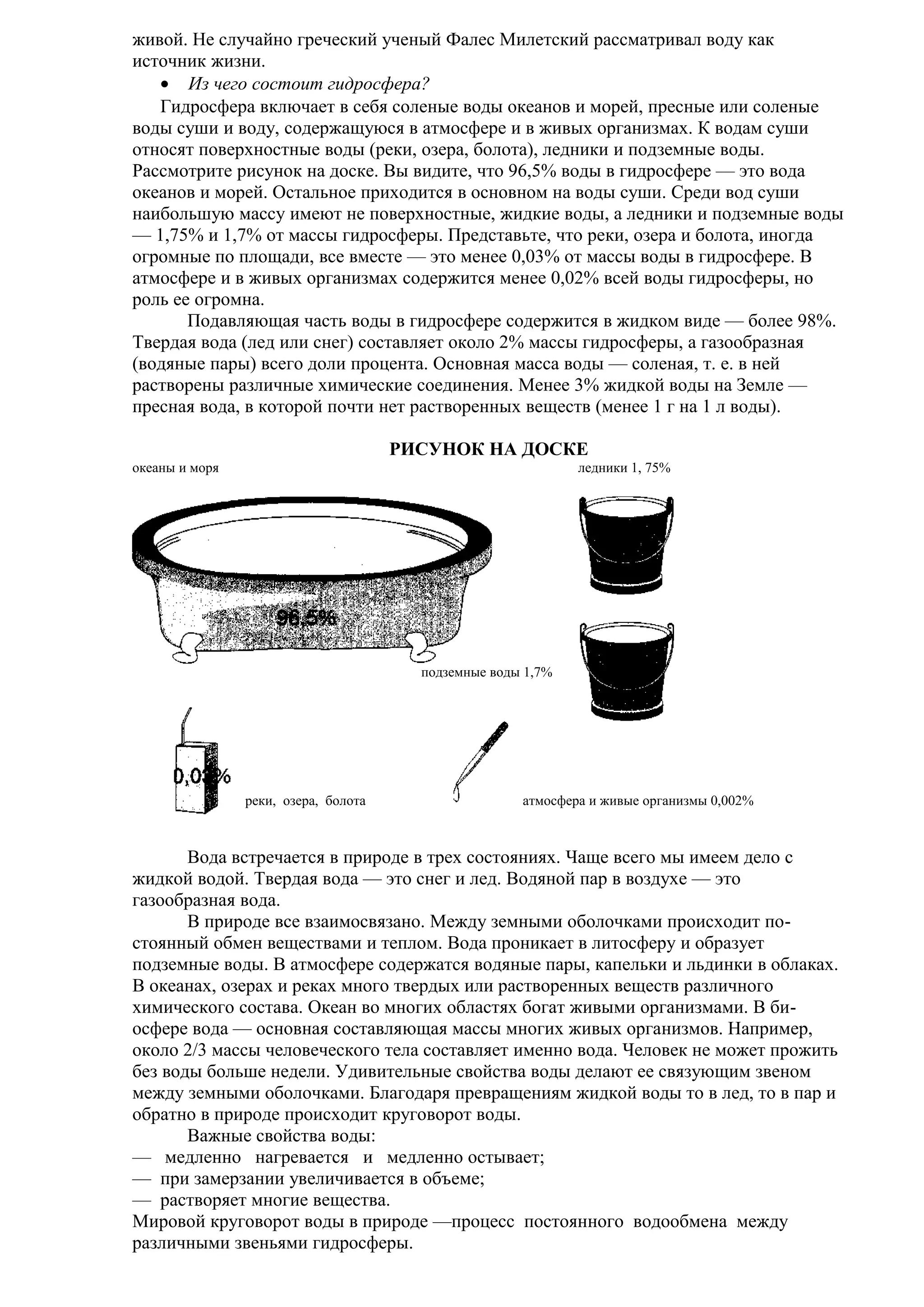 живой. Не случайно греческий ученый Фалес Милетский рассматривал воду как
источник жизни.
• Из чего состоит гидросфера?
Гидросфера включает в себя соленые воды океанов и морей, пресные или соленые
воды суши и воду, содержащуюся в атмосфере и в живых организмах. К водам суши
относят поверхностные воды (реки, озера, болота), ледники и подземные воды.
Рассмотрите рисунок на доске. Вы видите, что 96,5% воды в гидросфере — это вода
океанов и морей. Остальное приходится в основном на воды суши. Среди вод суши
наибольшую массу имеют не поверхностные, жидкие воды, а ледники и подземные воды
— 1,75% и 1,7% от массы гидросферы. Представьте, что реки, озера и болота, иногда
огромные по площади, все вместе — это менее 0,03% от массы воды в гидросфере. В
атмосфере и в живых организмах содержится менее 0,02% всей воды гидросферы, но
роль ее огромна.
Подавляющая часть воды в гидросфере содержится в жидком виде — более 98%.
Твердая вода (лед или снег) составляет около 2% массы гидросферы, а газообразная
(водяные пары) всего доли процента. Основная масса воды — соленая, т. е. в ней
растворены различные химические соединения. Менее 3% жидкой воды на Земле —
пресная вода, в которой почти нет растворенных веществ (менее 1 г на 1 л воды).
РИСУНОК НА ДОСКЕ
океаны и моря

ледники 1, 75%

подземные воды 1,7%

реки, озера, болота

атмосфера и живые организмы 0,002%

Вода встречается в природе в трех состояниях. Чаще всего мы имеем дело с
жидкой водой. Твердая вода — это снег и лед. Водяной пар в воздухе — это
газообразная вода.
В природе все взаимосвязано. Между земными оболочками происходит постоянный обмен веществами и теплом. Вода проникает в литосферу и образует
подземные воды. В атмосфере содержатся водяные пары, капельки и льдинки в облаках.
В океанах, озерах и реках много твердых или растворенных веществ различного
химического состава. Океан во многих областях богат живыми организмами. В биосфере вода — основная составляющая массы многих живых организмов. Например,
около 2/3 массы человеческого тела составляет именно вода. Человек не может прожить
без воды больше недели. Удивительные свойства воды делают ее связующим звеном
между земными оболочками. Благодаря превращениям жидкой воды то в лед, то в пар и
обратно в природе происходит круговорот воды.
Важные свойства воды:
— медленно нагревается и медленно остывает;
— при замерзании увеличивается в объеме;
— растворяет многие вещества.
Мировой круговорот воды в природе —процесс постоянного водообмена между
различными звеньями гидросферы.

 