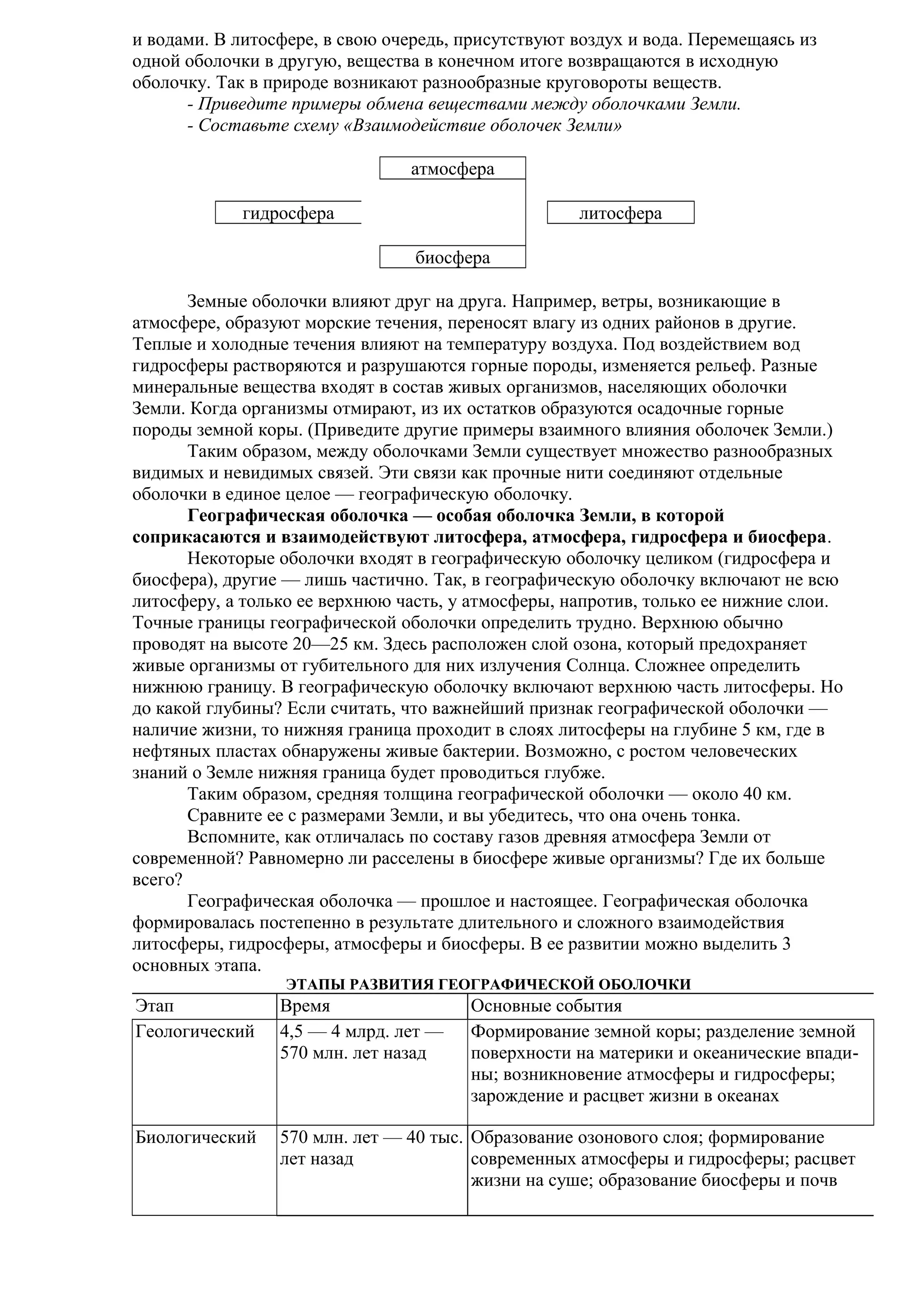 и водами. В литосфере, в свою очередь, присутствуют воздух и вода. Перемещаясь из
одной оболочки в другую, вещества в конечном итоге возвращаются в исходную
оболочку. Так в природе возникают разнообразные круговороты веществ.
- Приведите примеры обмена веществами между оболочками Земли.
- Составьте схему «Взаимодействие оболочек Земли»
атмосфера
гидросфера

литосфера
биосфера

Земные оболочки влияют друг на друга. Например, ветры, возникающие в
атмосфере, образуют морские течения, переносят влагу из одних районов в другие.
Теплые и холодные течения влияют на температуру воздуха. Под воздействием вод
гидросферы растворяются и разрушаются горные породы, изменяется рельеф. Разные
минеральные вещества входят в состав живых организмов, населяющих оболочки
Земли. Когда организмы отмирают, из их остатков образуются осадочные горные
породы земной коры. (Приведите другие примеры взаимного влияния оболочек Земли.)
Таким образом, между оболочками Земли существует множество разнообразных
видимых и невидимых связей. Эти связи как прочные нити соединяют отдельные
оболочки в единое целое — географическую оболочку.
Географическая оболочка — особая оболочка Земли, в которой
соприкасаются и взаимодействуют литосфера, атмосфера, гидросфера и биосфера.
Некоторые оболочки входят в географическую оболочку целиком (гидросфера и
биосфера), другие — лишь частично. Так, в географическую оболочку включают не всю
литосферу, а только ее верхнюю часть, у атмосферы, напротив, только ее нижние слои.
Точные границы географической оболочки определить трудно. Верхнюю обычно
проводят на высоте 20—25 км. Здесь расположен слой озона, который предохраняет
живые организмы от губительного для них излучения Солнца. Сложнее определить
нижнюю границу. В географическую оболочку включают верхнюю часть литосферы. Но
до какой глубины? Если считать, что важнейший признак географической оболочки —
наличие жизни, то нижняя граница проходит в слоях литосферы на глубине 5 км, где в
нефтяных пластах обнаружены живые бактерии. Возможно, с ростом человеческих
знаний о Земле нижняя граница будет проводиться глубже.
Таким образом, средняя толщина географической оболочки — около 40 км.
Сравните ее с размерами Земли, и вы убедитесь, что она очень тонка.
Вспомните, как отличалась по составу газов древняя атмосфера Земли от
современной? Равномерно ли расселены в биосфере живые организмы? Где их больше
всего?
Географическая оболочка — прошлое и настоящее. Географическая оболочка
формировалась постепенно в результате длительного и сложного взаимодействия
литосферы, гидросферы, атмосферы и биосферы. В ее развитии можно выделить 3
основных этапа.
ЭТАПЫ РАЗВИТИЯ ГЕОГРАФИЧЕСКОЙ ОБОЛОЧКИ

Этап
Геологический

Время
4,5 — 4 млрд. лет —
570 млн. лет назад

Основные события
Формирование земной коры; разделение земной
поверхности на материки и океанические впадины; возникновение атмосферы и гидросферы;
зарождение и расцвет жизни в океанах

Биологический

570 млн. лет — 40 тыс. Образование озонового слоя; формирование
лет назад
современных атмосферы и гидросферы; расцвет
жизни на суше; образование биосферы и почв

 
