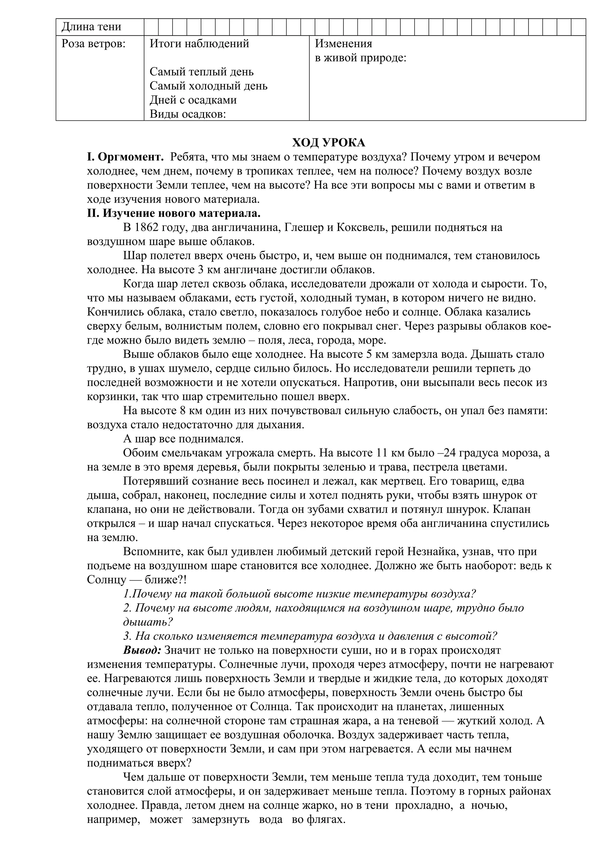 Длина тени
Роза ветров:

Итоги наблюдений

Изменения
в живой природе:

Самый теплый день
Самый холодный день
Дней с осадками
Виды осадков:
ХОД УРОКА
I. Оргмомент. Ребята, что мы знаем о температуре воздуха? Почему утром и вечером
холоднее, чем днем, почему в тропиках теплее, чем на полюсе? Почему воздух возле
поверхности Земли теплее, чем на высоте? На все эти вопросы мы с вами и ответим в
ходе изучения нового материала.
II. Изучение нового материала.
В 1862 году, два англичанина, Глешер и Коксвель, решили подняться на
воздушном шаре выше облаков.
Шар полетел вверх очень быстро, и, чем выше он поднимался, тем становилось
холоднее. На высоте 3 км англичане достигли облаков.
Когда шар летел сквозь облака, исследователи дрожали от холода и сырости. То,
что мы называем облаками, есть густой, холодный туман, в котором ничего не видно.
Кончились облака, стало светло, показалось голубое небо и солнце. Облака казались
сверху белым, волнистым полем, словно его покрывал снег. Через разрывы облаков коегде можно было видеть землю – поля, леса, города, море.
Выше облаков было еще холоднее. На высоте 5 км замерзла вода. Дышать стало
трудно, в ушах шумело, сердце сильно билось. Но исследователи решили терпеть до
последней возможности и не хотели опускаться. Напротив, они высыпали весь песок из
корзинки, так что шар стремительно пошел вверх.
На высоте 8 км один из них почувствовал сильную слабость, он упал без памяти:
воздуха стало недостаточно для дыхания.
А шар все поднимался.
Обоим смельчакам угрожала смерть. На высоте 11 км было –24 градуса мороза, а
на земле в это время деревья, были покрыты зеленью и трава, пестрела цветами.
Потерявший сознание весь посинел и лежал, как мертвец. Его товарищ, едва
дыша, собрал, наконец, последние силы и хотел поднять руки, чтобы взять шнурок от
клапана, но они не действовали. Тогда он зубами схватил и потянул шнурок. Клапан
открылся – и шар начал спускаться. Через некоторое время оба англичанина спустились
на землю.
Вспомните, как был удивлен любимый детский герой Незнайка, узнав, что при
подъеме на воздушном шаре становится все холоднее. Должно же быть наоборот: ведь к
Солнцу — ближе?!
1.Почему на такой большой высоте низкие температуры воздуха?
2. Почему на высоте людям, находящимся на воздушном шаре, трудно было
дышать?
3. На сколько изменяется температура воздуха и давления с высотой?
Вывод: Значит не только на поверхности суши, но и в горах происходят
изменения температуры. Солнечные лучи, проходя через атмосферу, почти не нагревают
ее. Нагреваются лишь поверхность Земли и твердые и жидкие тела, до которых доходят
солнечные лучи. Если бы не было атмосферы, поверхность Земли очень быстро бы
отдавала тепло, полученное от Солнца. Так происходит на планетах, лишенных
атмосферы: на солнечной стороне там страшная жара, а на теневой — жуткий холод. А
нашу Землю защищает ее воздушная оболочка. Воздух задерживает часть тепла,
уходящего от поверхности Земли, и сам при этом нагревается. А если мы начнем
подниматься вверх?
Чем дальше от поверхности Земли, тем меньше тепла туда доходит, тем тоньше
становится слой атмосферы, и он задерживает меньше тепла. Поэтому в горных районах
холоднее. Правда, летом днем на солнце жарко, но в тени прохладно, а ночью,
например, может замерзнуть вода во флягах.

 