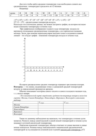 Для того чтобы найти среднюю температуру года необходимо сложить все
среднемесячные температуры и разделить на 12 месяцев.
Например:
месяц
t0

Я
-15

Ф
-10

М
-8

А
0

М
+10

И
+15

И
+20

А
+15

С
+10

О
0

Н
-5

Д
-10

-150+(-100) + (-80) + 00 +100 +150 +200 +150+100 +00+ (-50) + (-100) = 230
230:12= +20С - среднегодовая температура воздуха.
Используя эти статические данные, мы можем построить график, на котором наглядно
видно изменение температуры в течение года:
При графическом изображении годового хода температуры воздуха по
вертикали откладываем среднемесячные температуры, а по горизонтали названия
месяцев. Затем, при помощи перпендикуляров находим точки и соединяем плавной
линией – это и будет график изменения температуры воздуха в течение года.

я ф

м а м

и

и а с о

н

д

На картах распределение средних температур отражают при помощи изотерм.
Изотермы — это линии, соединяющие точки с одинаковой средней температурой
воздуха за определенный промежуток времени.
Обычно показывают изотермы самого теплого и самого холодного месяцев года,
т. е. июля и января.
- По климатической карте определите среднюю температуру января и июля для
городов: Москва, Санкт-Петербург, Новосибирск, Верхоянск, Волгоград и заполните
таблицу.
t0 января
t0 июля
Москва
Санкт-Петербург
Новосибирск
Верхоянск
Волгоград
Также по дневнику наблюдения мы выяснили, что температура в течение суток
меняется. Разность между самой высокой и самой низкой температурой в течение суток
называют суточной амплитудой температуры.
Определяя изменение температуры, обычно отмечают ее самые высокие и самые
низкие показатели. Разница между максимальной и минимальной среднемесячной
температурой за год называется сезонной (или годовой) амплитудой температур. (А0)

 