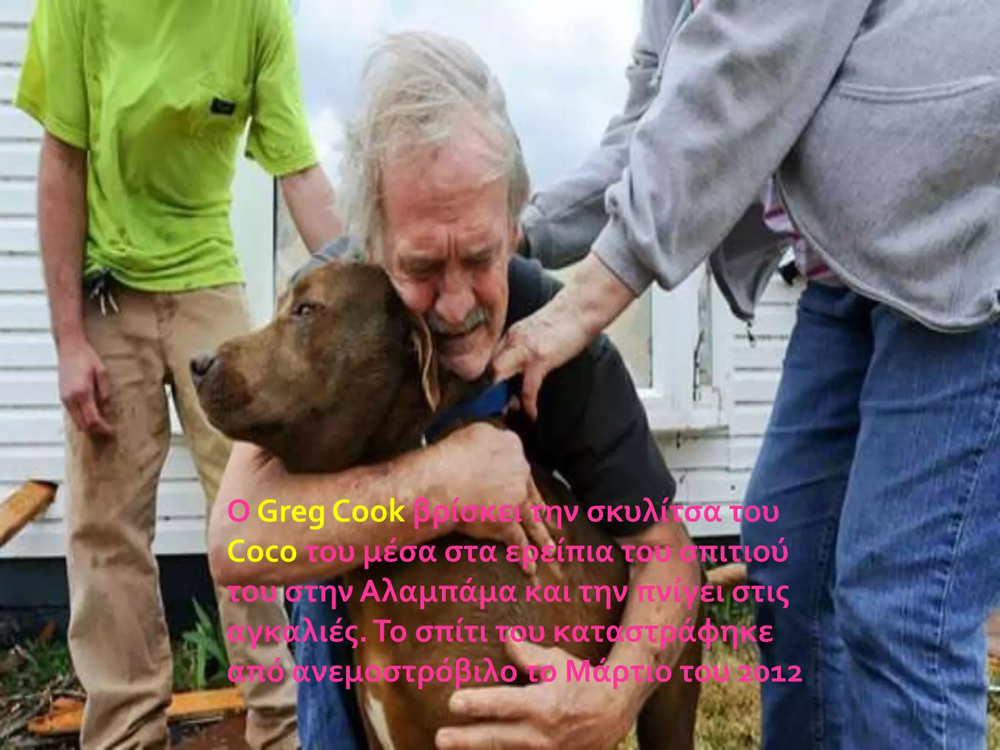 Ο Greg Cook βρύςκει την ςκυλύτςα του
Coco του μϋςα ςτα ερεύπια του ςπιτιού
του ςτην Αλαμπϊμα και την πνύγει ςτισ
αγκαλιϋσ. Το ςπύτι του καταςτρϊφηκε
από ανεμοςτρόβιλο το Μϊρτιο του 2012

 