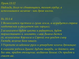 Прит.13:12
Надежда, долго не сбывающаяся, томит сердце, а
исполнившееся желание - как древо жизни.
Ис.35:1-4
1 Возвеселится пустыня и сухая земля, и возрадуется страна
необитаемая и расцветет как нарцисс;
2 великолепно будет цвести и радоваться, будет
торжествовать и ликовать; слава Ливана дастся
ей, великолепие Кармила и Сарона; они увидят славу
Господа, величие Бога нашего.
3 Укрепите ослабевшие руки и утвердите колени дрожащие;
4 скажите робким душею: будьте тверды, не бойтесь; вот
Бог ваш, придет отмщение, воздаяние Божие; Он придет и
спасет вас.

 