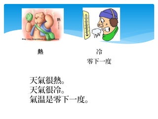 冷

熱

零下一度

天氣很熱。
今天很热。
天氣很冷。
今天很冷。
氣温是零下一度。
今天气温零下一度。

 