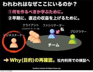 われわれはなぜここにいるのか？
①何を作るべきか学ぶために。
②早期に、直近の収益を上げるために。
クライアント

ファシリテーター

私

(プロダクトオーナー他)

プログラマー

ビジネスオーナー

チーム

Why(目的)の再確認。社内利用での検証へ
Toshihiro Ichitani All Rights Reserved.
2013年11月10日日曜日

 