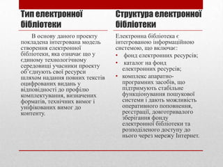 Тип електронної
бібліотеки

Структура електронної
бібліотеки

В основу даного проекту
покладена інтегрована модель
створення електронної
бібліотеки, яка означає що у
єдиному технологічному
середовищі учасники проекту
об’єднують свої ресурси
шляхом надання повних текстів
оцифрованих видань у
відповідності до профілю
комплектування, визначених
форматів, технічних вимог і
уніфікованих вимог до
контенту.

Електронна бібліотека є
інтегрованою інформаційною
системою, що включає:
• фонд електронних ресурсів;
• каталог на фонд
електронних ресурсів;
• комплекс апаратнопрограмних засобів, що
підтримують стабільне
функціонування пошукової
системи і дають можливість
оперативного поповнення,
реєстрації, довготривалого
зберігання фонду
електронної бібліотеки та
розподіленого доступу до
нього через мережу Інтернет.

 