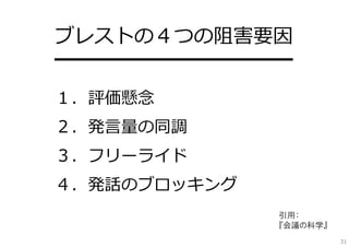 ブレストの４つの阻害要因
━━━━━━━━━━━━
１．評価懸念
２．発⾔量の同調
３．フリーライド
４．発話のブロッキング
引用：
『会議の科学』
31

 