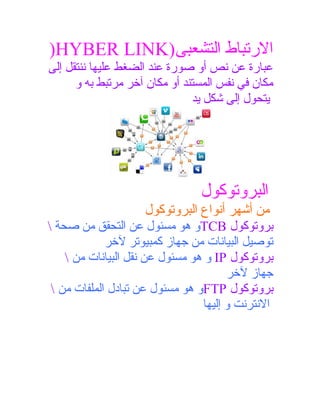 ‫الرتباط التشعبى)‪)HYBER LINK‬‬
‫عبارة عن نص أو صورة عند الضغط عليها ننتقل إلى‬
‫مكان في نفس المستند أو مكان آخر مرتبط به و‬
‫يتحول إلى شكل يد‬

‫البروتوكول‬
‫من أشهر أنواع البروتوكول‬
‫بروتوكول ‪TCB‬و هو مسئول عن التحقق من صحة ‬
‫توصيل البيانات من جهاز كمبيوتر لخر‬
‫بروتوكول ‪ IP‬و هو مسئول عن نقل البيانات من ‬
‫جهاز لخر‬
‫بروتوكول ‪FTP‬و هو مسئول عن تبادل الملفات من ‬
‫النترنت و إليها‬

 