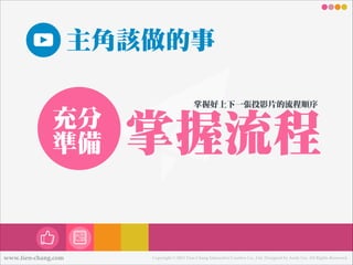 主角該做的事
充分
準備

www.tien-chang.com

掌握好㆖㊤上㆘㊦下㆒㈠㊀一張投影片的流流程順序

掌握流流程
Copyright © 2013 Tien-Chang Interactive Creative Co., Ltd. Designed by Andy Liu. All Rights Reserved.

 