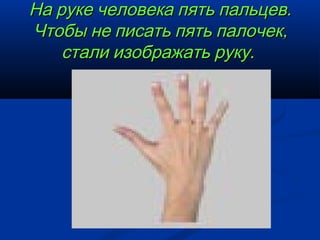 На руке человека пять пальцев.
Чтобы не писать пять палочек,
стали изображать руку.

 