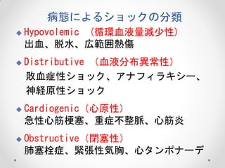 病態によるショックの分類


Hypovolemic (循環血液量減少性)
出血、脱水、広範囲熱傷



Distributive （血液分布異常性）
敗血症性ショック、アナフィラキシー、
神経原性ショック



Cardiogenic（心原性）
急性心筋梗塞、重症不整脈、心筋炎



Obstructive（閉塞性）
肺塞栓症、緊張性気胸、心タンポナーデ

 