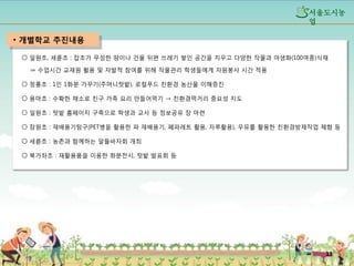 섵Ӛ도시농
업

• 개별학교 추진내용
○ 일원초, 세륜초 : 잡초가 무성한 땅이나 건물 뒤편 쓰레기 쌓인 공간을 치우고 다양한 작물과 야생화(100여종)식재
⇒ 수업시간 교재원 활용 및 자발적 참여를 위해 작물관리 학생들에게 자원봉사 시간 적용
○ 청룡초 : 1인 1화분 가꾸기(주머니텃밭), 로컬푸드 친환경 농산물 이해증진
○ 용마초 : 수확한 채소로 친구 가족 요리 만들어먹기 → 친환경먹거리 중요성 지도
○ 일원초 : 텃밭 홈페이지 구축으로 학생과 교사 등 정보공유 장 마련
○ 잠원초 : 재배용기탐구(PET병을 활용한 파 재배용기, 폐파레트 활용, 자루활용), 우유를 활용한 친환경방재작업 체험 등
○ 세륜초 : 농촌과 함께하는 알뜰바자회 개최
○ 북가좌초 : 재활용품을 이용한 화분전시, 텃밭 발표회 등

11

 