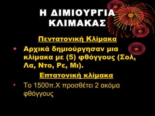 Η ΔΙΜΙΟΥΡΓΙΑ
ΚΛΙΜΑΚΑΣ
•

•

Πεντατονική Κλίμακα
Αρχικά δημιούργησαν μια
κλίμακα με (5) φθόγγους (Σολ,
Λα, Ντο, Ρε, Μι).
Επτατονική κλίμακα
To 1500π.Χ προσθέτει 2 ακόμα
φθόγγους

 