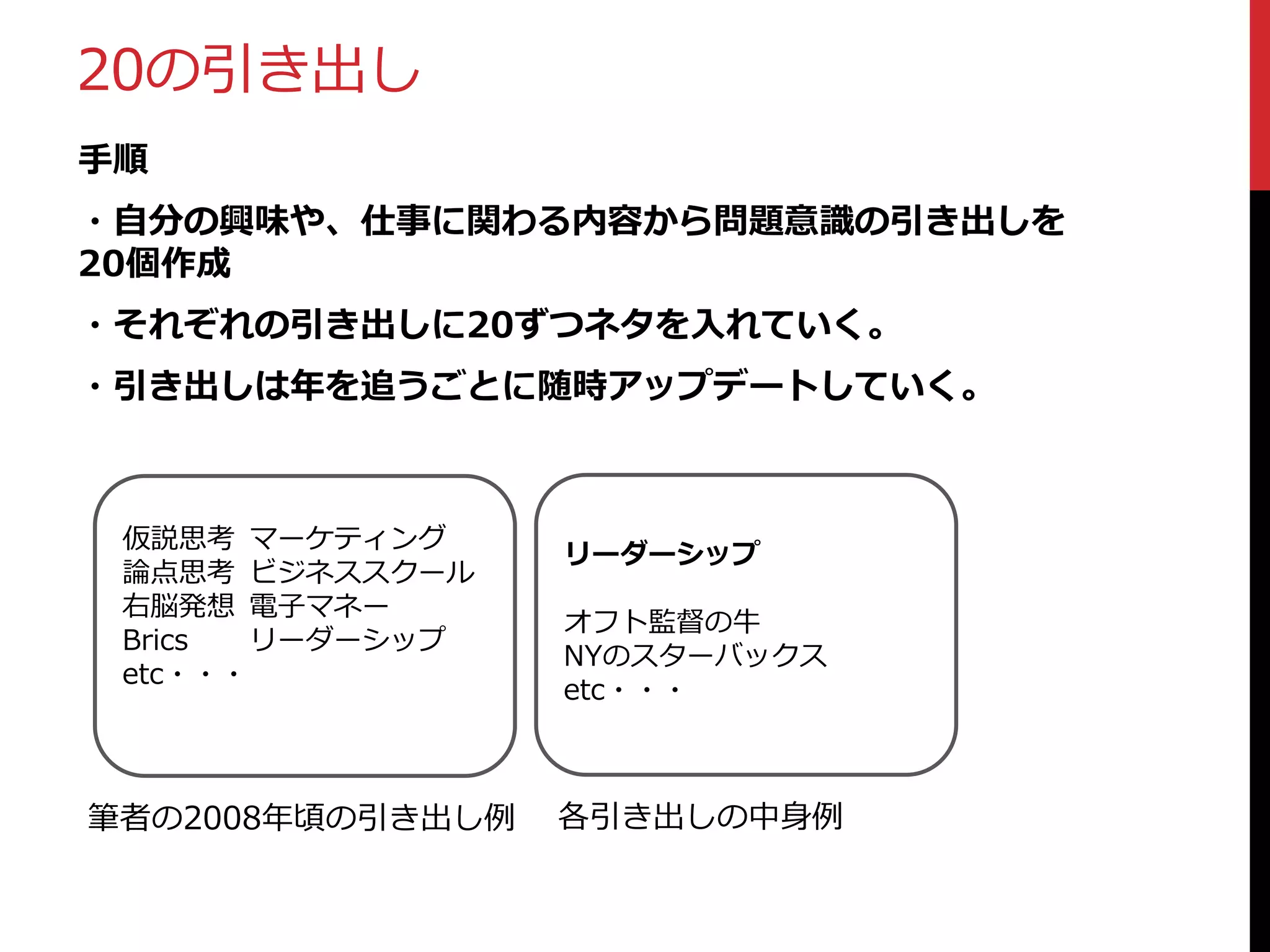 20の引き出し
手順
・自分の興味や、仕事に関わる内容から問題意識の引き出しを
20個作成
・それぞれの引き出しに20ずつネタを入れていく。
・引き出しは年を追うごとに随時アップデートしていく。

仮説思考 マーケティング
論点思考 ビジネススクール
右脳発想 電子マネー
Brics
リーダーシップ
etc・・・

筆者の2008年頃の引き出し例

リーダーシップ
オフト監督の牛
NYのスターバックス
etc・・・

各引き出しの中身例

 