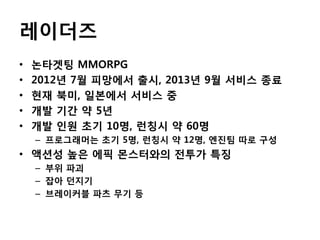 레이더즈
•
•
•
•
•

논타겟팅 MMORPG
2012년 7월 피망에서 출시, 2013년 9월 서비스 종료
현재 북미, 일본에서 서비스 중
개발 기간 약 5년
개발 인원 초기 10명, 런칭시 약 60명
– 프로그래머는 초기 5명, 런칭시 약 12명, 엔진팀 따로 구성

• 액션성 높은 에픽 몬스터와의 전투가 특징
– 부위 파괴
– 잡아 던지기
– 브레이커블 파츠 무기 등

 