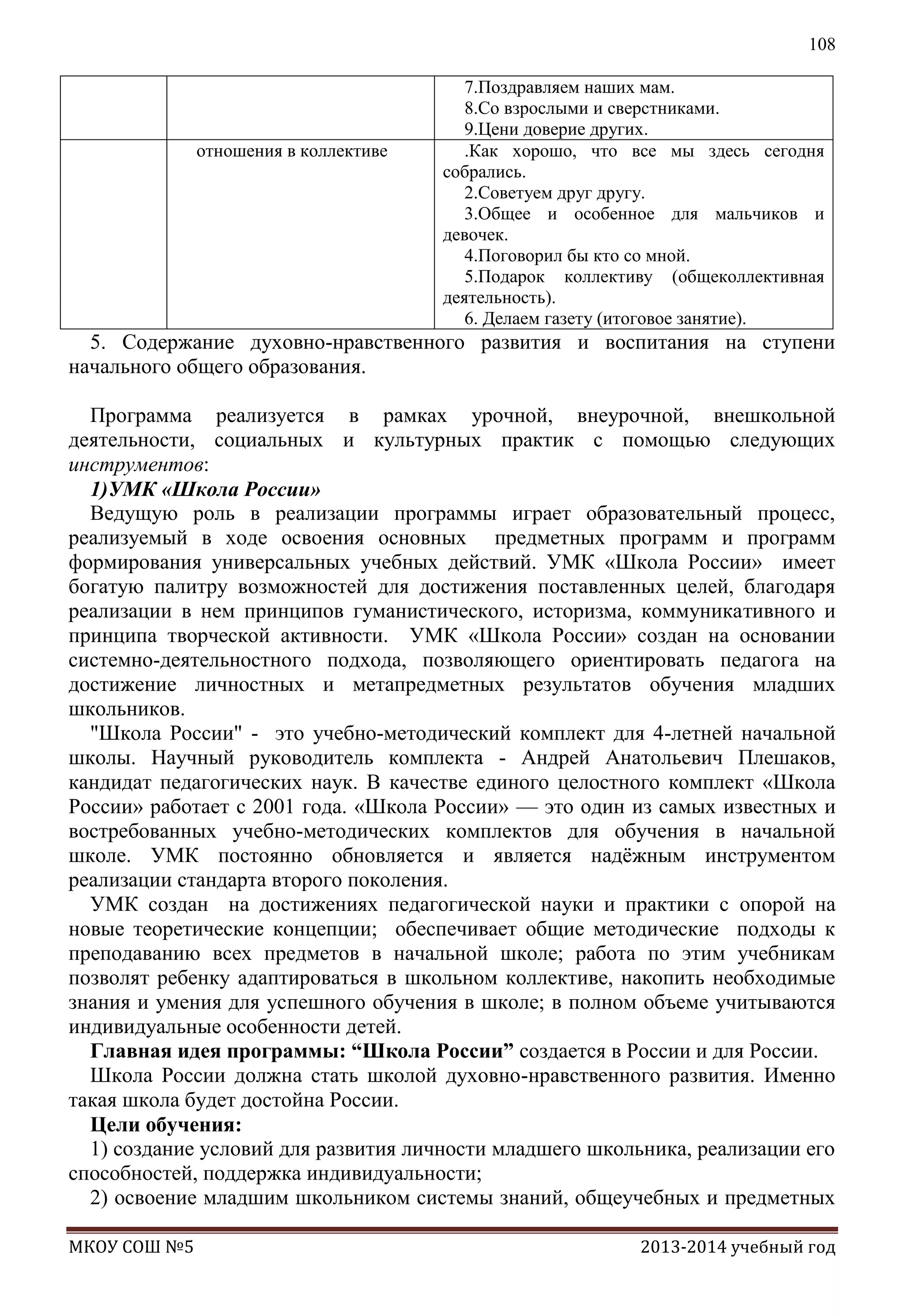 108

отношения в коллективе

7.Поздравляем наших мам.
8.Со взрослыми и сверстниками.
9.Цени доверие других.
.Как хорошо, что все мы здесь сегодня
собрались.
2.Советуем друг другу.
3.Общее и особенное для мальчиков и
девочек.
4.Поговорил бы кто со мной.
5.Подарок коллективу (общеколлективная
деятельность).
6. Делаем газету (итоговое занятие).

5. Содержание духовно-нравственного развития и воспитания на ступени
начального общего образования.
Программа реализуется в рамках урочной, внеурочной, внешкольной
деятельности, социальных и культурных практик с помощью следующих
инструментов:
1)УМК «Школа России»
Ведущую роль в реализации программы играет образовательный процесс,
реализуемый в ходе освоения основных предметных программ и программ
формирования универсальных учебных действий. УМК «Школа России» имеет
богатую палитру возможностей для достижения поставленных целей, благодаря
реализации в нем принципов гуманистического, историзма, коммуникативного и
принципа творческой активности. УМК «Школа России» создан на основании
системно-деятельностного подхода, позволяющего ориентировать педагога на
достижение личностных и метапредметных результатов обучения младших
школьников.
"Школа Росcии" - это учебно-методический комплект для 4-летней начальной
школы. Научный руководитель комплекта - Андрей Анатольевич Плешаков,
кандидат педагогических наук. В качестве единого целостного комплект «Школа
России» работает с 2001 года. «Школа России» — это один из самых известных и
востребованных учебно-методических комплектов для обучения в начальной
школе. УМК постоянно обновляется и является надѐжным инструментом
реализации стандарта второго поколения.
УМК создан на достижениях педагогической науки и практики с опорой на
новые теоретические концепции; обеспечивает общие методические подходы к
преподаванию всех предметов в начальной школе; работа по этим учебникам
позволят ребенку адаптироваться в школьном коллективе, накопить необходимые
знания и умения для успешного обучения в школе; в полном объеме учитываются
индивидуальные особенности детей.
Главная идея программы: “Школа России” создается в России и для России.
Школа России должна стать школой духовно-нравственного развития. Именно
такая школа будет достойна России.
Цели обучения:
1) создание условий для развития личности младшего школьника, реализации его
способностей, поддержка индивидуальности;
2) освоение младшим школьником системы знаний, общеучебных и предметных
МКОУ СОШ №5

2013-2014 учебный год

 
