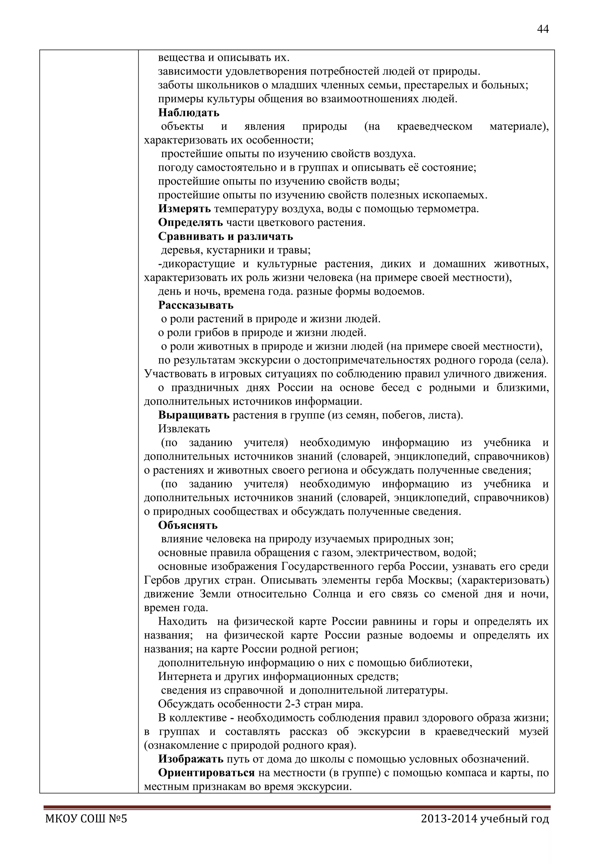44
вещества и описывать их.
зависимости удовлетворения потребностей людей от природы.
заботы школьников о младших членных семьи, престарелых и больных;
примеры культуры общения во взаимоотношениях людей.
Наблюдать
объекты и явления природы (на краеведческом материале),
характеризовать их особенности;
простейшие опыты по изучению свойств воздуха.
погоду самостоятельно и в группах и описывать еѐ состояние;
простейшие опыты по изучению свойств воды;
простейшие опыты по изучению свойств полезных ископаемых.
Измерять температуру воздуха, воды с помощью термометра.
Определять части цветкового растения.
Сравнивать и различать
деревья, кустарники и травы;
-дикорастущие и культурные растения, диких и домашних животных,
характеризовать их роль жизни человека (на примере своей местности),
день и ночь, времена года. разные формы водоемов.
Рассказывать
о роли растений в природе и жизни людей.
о роли грибов в природе и жизни людей.
о роли животных в природе и жизни людей (на примере своей местности),
по результатам экскурсии о достопримечательностях родного города (села).
Участвовать в игровых ситуациях по соблюдению правил уличного движения.
о праздничных днях России на основе бесед с родными и близкими,
дополнительных источников информации.
Выращивать растения в группе (из семян, побегов, листа).
Извлекать
(по заданию учителя) необходимую информацию из учебника и
дополнительных источников знаний (словарей, энциклопедий, справочников)
о растениях и животных своего региона и обсуждать полученные сведения;
(по заданию учителя) необходимую информацию из учебника и
дополнительных источников знаний (словарей, энциклопедий, справочников)
о природных сообществах и обсуждать полученные сведения.
Объяснять
влияние человека на природу изучаемых природных зон;
основные правила обращения с газом, электричеством, водой;
основные изображения Государственного герба России, узнавать его среди
Гербов других стран. Описывать элементы герба Москвы; (характеризовать)
движение Земли относительно Солнца и его связь со сменой дня и ночи,
времен года.
Находить на физической карте России равнины и горы и определять их
названия; на физической карте России разные водоемы и определять их
названия; на карте России родной регион;
дополнительную информацию о них с помощью библиотеки,
Интернета и других информационных средств;
сведения из справочной и дополнительной литературы.
Обсуждать особенности 2-3 стран мира.
В коллективе - необходимость соблюдения правил здорового образа жизни;
в группах и составлять рассказ об экскурсии в краеведческий музей
(ознакомление с природой родного края).
Изображать путь от дома до школы с помощью условных обозначений.
Ориентироваться на местности (в группе) с помощью компаса и карты, по
местным признакам во время экскурсии.
МКОУ СОШ №5

2013-2014 учебный год

 