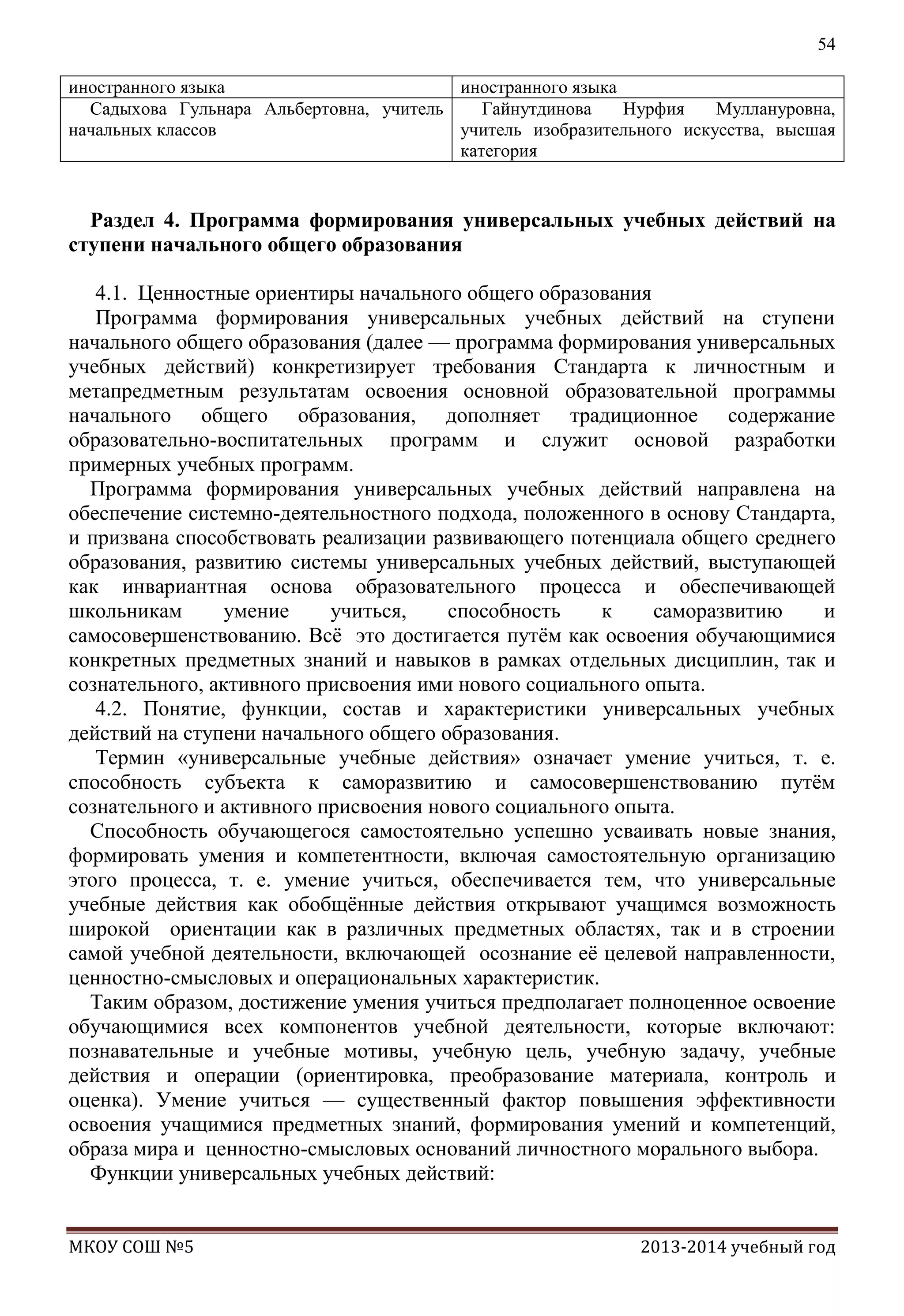 54
иностранного языка
иностранного языка
Садыхова Гульнара Альбертовна, учитель
Гайнутдинова
Нурфия
Муллануровна,
начальных классов
учитель изобразительного искусства, высшая
категория

Раздел 4. Программа формирования универсальных учебных действий на
ступени начального общего образования
4.1. Ценностные ориентиры начального общего образования
Программа формирования универсальных учебных действий на ступени
начального общего образования (далее — программа формирования универсальных
учебных действий) конкретизирует требования Стандарта к личностным и
метапредметным результатам освоения основной образовательной программы
начального общего образования, дополняет традиционное содержание
образовательно-воспитательных программ и служит основой разработки
примерных учебных программ.
Программа формирования универсальных учебных действий направлена на
обеспечение системно-деятельностного подхода, положенного в основу Стандарта,
и призвана способствовать реализации развивающего потенциала общего среднего
образования, развитию системы универсальных учебных действий, выступающей
как инвариантная основа образовательного процесса и обеспечивающей
школьникам
умение
учиться,
способность
к
саморазвитию
и
самосовершенствованию. Всѐ это достигается путѐм как освоения обучающимися
конкретных предметных знаний и навыков в рамках отдельных дисциплин, так и
сознательного, активного присвоения ими нового социального опыта.
4.2. Понятие, функции, состав и характеристики универсальных учебных
действий на ступени начального общего образования.
Термин «универсальные учебные действия» означает умение учиться, т. е.
способность субъекта к саморазвитию и самосовершенствованию путѐм
сознательного и активного присвоения нового социального опыта.
Способность обучающегося самостоятельно успешно усваивать новые знания,
формировать умения и компетентности, включая самостоятельную организацию
этого процесса, т. е. умение учиться, обеспечивается тем, что универсальные
учебные действия как обобщѐнные действия открывают учащимся возможность
широкой ориентации как в различных предметных областях, так и в строении
самой учебной деятельности, включающей осознание еѐ целевой направленности,
ценностно-смысловых и операциональных характеристик.
Таким образом, достижение умения учиться предполагает полноценное освоение
обучающимися всех компонентов учебной деятельности, которые включают:
познавательные и учебные мотивы, учебную цель, учебную задачу, учебные
действия и операции (ориентировка, преобразование материала, контроль и
оценка). Умение учиться — существенный фактор повышения эффективности
освоения учащимися предметных знаний, формирования умений и компетенций,
образа мира и ценностно-смысловых оснований личностного морального выбора.
Функции универсальных учебных действий:
МКОУ СОШ №5

2013-2014 учебный год

 
