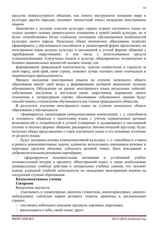14

средства межкультурного общения, как нового инструмента познания мира и
культуры других народов, осознают личностный смысл овладения иностранным
языком.
Знакомство с детским пластом культуры страны (стран) изучаемого языка не
только заложит основы уважительного отношения к чужой (иной) культуре, но и
будет способствовать более глубокому осознанию обучающимися особенностей
культуры своего народа. Начальное общее иноязычное образование позволит
сформировать у обучающихся способность в элементарной форме представлять на
иностранном языке родную культуру в письменной и устной формах общения с
зарубежными сверстниками, в том числе с использованием средств
телекоммуникации. Соизучение языков и культур, общепринятых человеческих и
базовых национальных ценностей заложит основу для
формирования гражданской идентичности, чувства патриотизма и гордости за
свой народ, свой край, свою страну, поможет лучше осознать свою этническую и
национальную принадлежность.
Процесс овладения иностранным языком на ступени начального общего
образования внесѐт свой вклад в формирование активной жизненной позиции
обучающихся. Обсуждение на уроках иностранного языка актуальных событий,
собственных поступков и поступков своих сверстников, выражение своего
отношения к литературным героям, обоснование собственного мнения будут
способствовать становлению обучающихся как членов гражданского общества.
В результате изучения иностранного языка на ступени начального общего
образования у обучающихся:
 сформируется элементарная коммуникативная компетенция, т. е. способность
и готовность общаться с носителями языка с учѐтом ограниченных речевых
возможностей и потребностей в устной (говорение и аудирование) и письменной
(чтение и письмо) формах общения; расширится лингвистический кругозор; будет
получено общее представление о строе изучаемого языка и его основных отличиях
от родного языка;
 будут заложены основы коммуникативной культуры, т. е. способность ставить
и решать коммуникативные задачи, адекватно использовать имеющиеся речевые и
неречевые средства общения, соблюдать речевой этикет, быть вежливыми и
доброжелательными речевыми партнѐрами;
 сформируются положительная мотивация и устойчивый учебнопознавательный интерес к предмету «Иностранный язык», а также необходимые
универсальные учебные действия и специальные учебные умения, что заложит
основу успешной учебной деятельности по овладению иностранным языком на
следующей ступени образования.
Коммуникативные умения
Говорение
Выпускник научится:
 участвовать в элементарных диалогах (этикетном, диалоге-расспросе, диалогепобуждении), соблюдая нормы речевого этикета, принятые в англоязычных
странах;
 составлять небольшое описание предмета, картинки, персонажа;
 рассказывать о себе, своей семье, друге.
МКОУ СОШ №5

2013-2014 учебный год

 