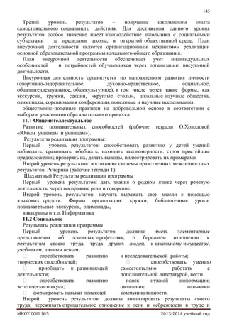 145

Третий
уровень
результатов
–
получение
школьником
опыта
самостоятельного социального действия. Для достижения данного уровня
результатов особое значение имеет взаимодействие школьника с социальными
субъектами
за пределами школы, в открытой общественной среде. План
внеурочной деятельности является организационным механизмом реализации
основной образовательной программы начального общего образования.
План внеурочной деятельности обеспечивает учет индивидуальных
особенностей
и потребностей обучающихся через организацию внеурочной
деятельности.
Внеурочная деятельность организуется по направлениям развития личности
(спортивно-оздоровительное,
духовно-нравственное,
социальное,
общеинтеллектуальное, общекультурное), в том числе через такие формы, как
экскурсии, кружки, секции, «круглые столы», школьные научные общества,
олимпиады, соревнования конференции, поисковые и научные исследования,
общественно-полезные практики на добровольной основе в соответствии с
выбором участников образовательного процесса.
11.1 Общеинтеллектуальное
Развитие познавательных способностей (рабочие тетради О.Холодовой
«Юным умникам и умницам»).
Результаты реализации программы:
Первый
уровень результатов: способствовать развитию у детей умений
наблюдать, сравнивать, обобщать, находить закономерности, строя простейшие
предположения; проверять их, делать выводы, иллюстрировать их примерами
Второй уровень результатов: воспитание системы нравственных межличностных
результатов Риторика (рабочие тетради Т).
Шахматный Результаты реализации программы
Первый уровень результатов: дать знания о родном языке через речевую
деятельность, через восприятие речи и говорение.
Второй уровень результатов: научить выражать свои мысли с помощью
языковых средств. Формы организации: кружки, библиотечные уроки,
познавательные экскурсии, олимпиады,
викторины и т.п. Информатика
11.2 Социальное
Результаты реализации программы
Первый
уровень
результатов:
должны
иметь
элементарные
представления об основных профессиях; о бережном отношении к
результатам своего труда, труда других людей, к школьному имуществу,
учебникам, личным вещам;

способствовать
развитию
и исследовательской работы;
творческих способностей;

способствовать умению

приобщать к развивающей
самостоятельно
работать
с
деятельности;
дополнительной литературой, вести

способствовать
развитию
поиск
нужной
информации;
эстетического вкуса;
овладению
навыками
 формировать навыки поисков
ой
коммуникативности.
Второй
уровень результатов: должны анализировать результаты своего
труда; переживать отрицательное отношение к лени и небрежности в труде и
МКОУ СОШ №5

2013-2014 учебный год

 