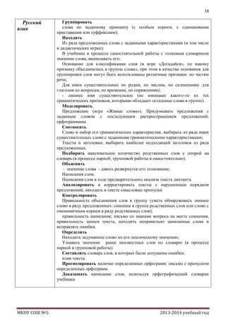38

Русский
язык

МКОУ СОШ №5

Группировать
слова по заданному принципу (с особым корнем, с одинаковыми
приставками или суффиксами);
Находить
Из ряда предложенных слова с заданными характеристиками (в том числе
в дидактических играх);
В учебнике в процессе самостоятельной работы с толковым словариком
значение слова, выписывать его;
Основание для классификации слов (в игре «Догадайся», по какому
признаку объединились в группы слова», при этом в качестве основания для
группировки слов могут быть использованы различные признаки: по частям
речи;
Для имен существительных по родам, по числам, по склонениям: для
глаголов по вопросам, по временам, по спряжениям);
- лишнее имя существительное (не имеющее какого-то из тех
грамматических признаков, которыми обладают остальные слова в группе).
Моделировать
Предложение (игра «Живые слова»). Придумывать предложения с
заданным словом с последующим распространением предложений;
орфограммами.
Соотносить
Слово и набор его грамматических характеристик, выбирать из ряда имен
существительных слово с заданными грамматическими характеристиками;
Тексты и заголовки, выбирать наиболее подходящий заголовок из ряда
предложенных.
Подбирать максимальное количество родственных слов с опорой на
словарь (в процессе парной, групповой работы и самостоятельно).
Объяснять
– значение слова - давать развернутое его толкование;
Написания слов;
Написания слов в ходе предварительного анализа текста диктанта.
Анализировать и корректировать тексты с нарушенным порядком
предложений, находить в тексте смысловые пропуски.
Контролировать
Правильность объединения слов в группу (уметь обнаруживать лишнее
слово в ряду предложенных: синоним в группе родственных слов или слово с
омонимичным корнем в ряду родственных слов);
правильность написания; письмо со знаками вопроса на месте сомнения,
правильность записи текста, находить неправильно записанные слова и
исправлять ошибки.
Определять
Находить задуманное слово по его лексическому значению;
Узнавать значение ранее неизвестных слов по словарю (в процессе
парной и групповой работы).
Составлять словарь слов, в которых были допущены ошибки;
план текста.
Прогнозировать наличие определенных орфограмм: письмо с пропуском
определенных орфограмм.
Доказывать написание слов, используя орфографический словарик
учебника

2013-2014 учебный год

 