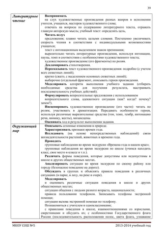 39

Литературное
чтение

Окружающий
мир

МКОУ СОШ №5

Воспринимать
на слух художественные произведения разных жанров в исполнении
учителя, учащихся, мастеров художественного слова;
отвечать на вопросы по содержанию литературного текста, отражать
главную авторскую мысль; учебный текст: определять цель,
Читать вслух
предложения; плавно читать целыми словами. Постепенно увеличивать
скорость чтения в соответствии с индивидуальными возможностями
учащихся;
текст с интонационным выделением знаков препинания;
выразительно читать литературные произведения, используя интонации,
паузы, темп в соответствии с особенностями художественного текста;
художественное произведение (его фрагменты) по ролям.
Декламировать стихотворения.
Пересказывать текст художественного произведения: подробно (с учетом
всех сюжетных линий);
кратко (сжато, с выделением основных сюжетных линий);
выборочно (отдельный фрагмент, описывать героев произведения.
Моделировать алгоритм выполнения учебного задания (отбирать
необходимые
средства
для
получения
результата,
выстраивать
последовательность учебных действий).
Формулировать вопросительные предложения с использованием
вопросительного слова, адекватного ситуации (как? когда? почему?
зачем?).
Инсценировать художественное произведение (его части): читать по
ролям, участвовать в драматизации. Передавать особенности героев,
используя различные выразительные средства (тон, темп, тембр, интонацию
речи, мимику, жесты), мизансцены.
Оценивать ход и результат выполнения задания.
Описывать сезонные изменения в природе.
Характеризовать признаки времен года.
Исследовать (на основе непосредственных наблюдений) связи
жизнедеятельности растений, животных и времени года.
Проводить
групповые наблюдения во время экскурсии «Времена года в нашем крае»;
групповые наблюдения во время экскурсии по школе (учимся находить
класс, свое место в классе и т.п.).
Различать формы поведения, которые допустимы или недопустимы в
школе и других общественных местах.
Анализировать ситуации во время экскурсии по своему району или
городу (безопасное поведение на дороге).
Обсуждать в группах и объяснять правила поведения в различных
ситуациях (в парке, в лесу, на реке и озере).
Моделировать
и оценивать различные ситуации поведения в школе и других
общественных местах;
ситуации общения с людьми разного возраста, национальности;
правила пользования телефоном. Записывать телефоны экстренной
помощи;
ситуации вызова экстренной помощи по телефону.
Познакомиться с учителем и одноклассниками;
с правилами поведения в школе, взаимоотношениями со взрослыми,
сверстниками и обсудить их; с особенностями Государственного флага
России (последовательность расположения полос, цвета флага, узнавание
2013-2014 учебный год

 