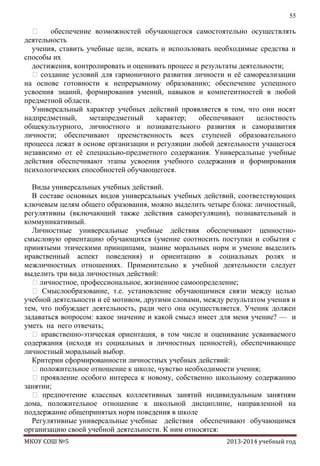 55

 обеспечение возможностей обучающегося самостоятельно осуществлять
деятельность
учения, ставить учебные цели, искать и использовать необходимые средства и
способы их
достижения, контролировать и оценивать процесс и результаты деятельности;
 создание условий для гармоничного развития личности и еѐ самореализации
на основе готовности к непрерывному образованию; обеспечение успешного
усвоения знаний, формирования умений, навыков и компетентностей в любой
предметной области.
Универсальный характер учебных действий проявляется в том, что они носят
надпредметный,
метапредметный
характер;
обеспечивают
целостность
общекультурного, личностного и познавательного развития и саморазвития
личности; обеспечивают преемственность всех ступеней образовательного
процесса лежат в основе организации и регуляции любой деятельности учащегося
независимо от еѐ специально-предметного содержания. Универсальные учебные
действия обеспечивают этапы усвоения учебного содержания и формирования
психологических способностей обучающегося.
Виды универсальных учебных действий.
В составе основных видов универсальных учебных действий, соответствующих
ключевым целям общего образования, можно выделить четыре блока: личностный,
регулятивны (включающий также действия саморегуляции), познавательный и
коммуникативный.
Личностные универсальные учебные действия обеспечивают ценностносмысловую ориентацию обучающихся (умение соотносить поступки и события с
принятыми этическими принципами, знание моральных норм и умение выделить
нравственный аспект поведения) и ориентацию в социальных ролях и
межличностных отношениях. Применительно к учебной деятельности следует
выделить три вида личностных действий:
личностное, профессиональное, жизненное самоопределение;
 Смыслообразование, т.е. установление обучающимися связи между целью
учебной деятельности и еѐ мотивом, другими словами, между результатом учения и
тем, что побуждает деятельность, ради чего она осуществляется. Ученик должен
задаваться вопросом: какое значение и какой смысл имеет для меня учение? — и
уметь на него отвечать;
 нравственно-этическая ориентация, в том числе и оценивание усваиваемого
содержания (исходя из социальных и личностных ценностей), обеспечивающее
личностный моральный выбор.
Критерии сформированности личностных учебных действий:
положительное отношение к школе, чувство необходимости учения;
 проявление особого интереса к новому, собственно школьному содержанию
занятии;
 предпочтение классных коллективных занятий индивидуальным занятиям
дома, положительное отношение к школьной дисциплине, направленной на
поддержание общепринятых норм поведения в школе
Регулятивные универсальные учебные действия обеспечивают обучающимся
организацию своей учебной деятельности. К ним относятся:
МКОУ СОШ №5

2013-2014 учебный год

 