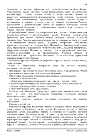 68

Знакомство с русским алфавитом как последовательностью букв. Чтение.
Формирование навыка слогового чтения (ориентация на букву, обозначающую
гласный звук). Плавное слоговое чтение и чтение целыми словами со
скоростью, соответствующей индивидуальному темпу ребѐнка. Осознанное
чтение слов, словосочетаний, предложений и коротких текстов. Чтение с
интонациями и паузами в соответствии со знаками препинания. Развитие
осознанности и выразительности чтения на материале небольших текстов
и стихотворений. Знакомство с орфоэпическим чтением (при переходе к
чтению целыми словами).
Орфографическое чтение (проговаривание) как средство самоконтроля при
письме под диктовку и при списывании. Письмо. Усвоение гигиенических
требований при письме. Развитие мелкой моторики пальцев и свободы
движения руки. Развитие умения ориентироваться на пространстве листа в тетради
и на пространстве классной доски. Овладение начертанием письменных
прописных (заглавных) и строчных букв. Письмо букв, буквосочетаний, слогов,
слов, предложений с соблюдением гигиенических норм. Овладение разборчивым,
аккуратным письмом. Письмо под диктовку слов и предложений, написание
которых не расходится с их произношением. Усвоение приѐмов и
последовательности
правильного списывания текста. Овладение первичными
навыками клавиатурного письма.
Понимание функции небуквенных графических средств: пробела между словами,
знака переноса.
Слово и предложение. Восприятие слова как объекта изучения,
материала для анализа.
Наблюдение над значением слова. Различение слова и предложения. Работа
с предложением: выделение слов, изменение их порядка.
Орфография. Знакомство с правилами правописания и их применение:
• раздельное написание слов;
• обозначение гласных после шипящих (ча — ща, чу — щу, жи — ши);
• прописная (заглавная) буква в начале предложения, в именах собственных;
• перенос слов по слогам без стечения согласных;
• знаки препинания в конце предложения.
Развитие речи. Понимание прочитанного текста при самостоятельном чтении
вслух
и
при
его прослушивании. Составление небольших рассказов
повествовательного характера
по серии сюжетных картинок, материалам собственных игр, занятий,
наблюдений.
Систематический курс
Фонетика и орфоэпия. Различение гласных и согласных звуков. Нахождение в
слове ударных и безударных гласных звуков. Различение мягких и твѐрдых
согласных звуков, определение парных и непарных по твѐрдости—мягкости
согласных звуков. Различение звонких и глухих звуков, определение парных и
непарных по звонкости—глухости согласных звуков. Определение качественной
характеристики звука: гласный — согласный; гласный ударный — безударный;
согласный твѐрдый — мягкий, парный — непарный; согласный звонкий — глухой,
парный — непарный. Деление слов на слоги. Ударение, произношение звуков и
МКОУ СОШ №5

2013-2014 учебный год

 