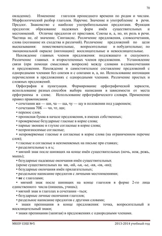 70

овладение).
Изменение
глаголов прошедшего времени по родам и числам.
Морфологический разбор глаголов. Наречие. Значение и употребление в речи.
Предлог. Знакомство с наиболее употребительными предлогами. Функция
предлогов:
образование
падежных
форм
имѐн
существительных
и
местоимений. Отличие предлогов от приставок. Союзы и, а, но, их роль в речи.
Частица не, еѐ значение. Синтаксис. Различение предложения, словосочетания,
слова (осознание их сходства и различий). Различение предложений по цели
высказывания:
повествовательные,
вопросительные
и побудительные; по
эмоциональной окраске (интонации): восклицательные и невосклицательные.
Нахождение главных членов предложения: подлежащего и сказуемого.
Различение главных и второстепенных членов предложения.
Установление
связи (при помощи смысловых вопросов) между словами в словосочетании
и предложении. Нахождение и самостоятельное составление предложений с
однородными членами без союзов и с союзами и, а, но. Использование интонации
перечисления в предложениях с однородными членами. Различение простых и
сложных предложений.
Орфография и пунктуация. Формирование орфографической зоркости,
использование разных способов выбора написания в зависимости от места
орфограммы в слове. Использование орфографического словаря. Применение
правил правописания:
• сочетания жи — ши, ча — ща, чу — щу в положении под ударением;
• сочетания 70К — чн, чт, щн;
• перенос слов;
• прописная буква в начале предложения, в именах собственных;
• проверяемые безударные гласные в корне слова;
• парные звонкие и глухие согласные в корне слова;
• непроизносимые согласные;
• непроверяемые гласные и согласные в корне слова (на ограниченном перечне
слов);
• гласные и согласные в неизменяемых на письме при ставках;
• разделительные ъ и ь;
• мягкий знак после шипящих на конце имѐн существительных (ночь, нож, рожь,
мышь);
• безударные падежные окончания имѐн существительных
(кроме существительных на мя, -ий, -ья, -ье, -ия, -ов, -ин);
• безударные окончания имѐн прилагательных;
• раздельное написание предлогов с личными местоимениями;
• не с глаголами;
• мягкий знак после шипящих на конце глаголов в форме 2-го лица
единственного числа (пишешь, учишь);
• мягкий знак в глаголах в сочетании –ться;
• безударные личные окончания глаголов;
• раздельное написание предлогов с другими словами;
• знаки препинания в конце предложения: точка, вопросительный и
восклицательный знаки;
• знаки препинания (запятая) в предложениях с однородными членами.
МКОУ СОШ №5

2013-2014 учебный год

 