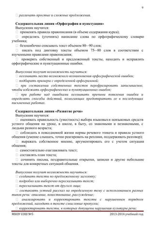 9

различать простые и сложные предложения.
Содержательная линия «Орфография и пунктуация»
Выпускник научится:
 применять правила правописания (в объеме содержания курса);
 определять (уточнять) написание слова по орфографическому словарю
учебника;
 безошибочно списывать текст объемом 80
—90 слов;
 писать под диктовку тексты объемом 75
—80 слов в соответствии с
изученными правилами правописания;
 проверять собственный и предложенный тексты, находить и исправлять
орфографические и пунктуационные ошибки.
Выпускник получит возможность научиться:
осознавать место возможного возникновения орфографической ошибки;
подбирать примеры с определенной орфограммой;
 при составлении собственных текстов перефразировать записываемое,
чтобы избежать орфографических и пунктуационных ошибок;
 при работе над ошибками осознавать причины появления ошибки и
определять способы действий, помогающих предотвратить ее в последующих
письменных работах.
Содержательная линия «Развитие речи»
Выпускник научится:
 оценивать правильность (уместность) выбора языковых и неязыковых средств
устного общения на уроке, в школе, в быту, со знакомыми и незнакомыми, с
людьми разного возраста;
 соблюдать в повседневной жизни нормы речевого этикета и правила устного
общения (умение слышать, точно реагировать на реплики, поддерживать разговор);
 выражать собственное мнение, аргументировать его с учетом ситуации
общения;
 самостоятельно озаглавливать текст;
 составлять план текста;
 сочинять письма, поздравительные открытки, записки и другие небольшие
тексты для конкретных ситуаций общения.
Выпускник получит возможность научиться:
создавать тексты по предложенному заголовку;
подробно или выборочно пересказывать текст;
пересказывать текст от другого лица;
 составлять устный рассказ на определенную тему с использованием разных
типов речи: описание, повествование, рассуждение;
 анализировать и корректировать тексты с нарушенным порядком
предложений, находить в тексте смысловые пропуски;
корректировать тексты, в которых допущены нарушения культуры речи;
МКОУ СОШ №5

2013-2014 учебный год

 