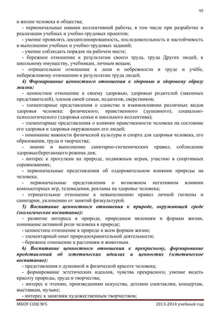 95

в жизни человека и общества;
- первоначальные навыки коллективной работы, в том числе при разработке и
реализации учебных и учебно-трудовых проектов;
- умение проявлять дисциплинированность, последовательность и настойчивость
в выполнении учебных и учебно-трудовых заданий;
- умение соблюдать порядок на рабочем месте;
- бережное отношение к результатам своего труда, труда Других людей, к
школьному имуществу, учебникам, личным вещам;
- отрицательное отношение к лени и небрежности в труде и учѐбе,
небережливому отношению к результатам труда людей.
4) Формирование ценностного отношения к здоровью и здоровому образу
жизни:
- ценностное отношение к своему здоровью, здоровью родителей (законных
представителей), членов своей семьи, педагогов, сверстников;
- элементарные представления о единстве и взаимовлиянии различных видов
здоровья человека: физического, нравственного (душевного), социальнопсихологического (здоровья семьи и школьного коллектива);
- элементарные представления о влиянии нравственности человека на состояние
его здоровья и здоровья окружающих его людей;
- понимание важности физической культуры и спорта для здоровья человека, его
образования, труда и творчества;
- знание и выполнение санитарно-гигиенических правил, соблюдение
здоровьесберегающего режима дня;
- интерес к прогулкам на природе, подвижным играм, участию в спортивных
соревнованиях;
- первоначальные представления об оздоровительном влиянии природы на
человека;
- первоначальные представления о возможном негативном влиянии
компьютерных игр, телевидения, рекламы на здоровье человека;
- отрицательное отношение к невыполнению правил личной гигиены и
санитарии, уклонению от занятий физкультурой.
5) Воспитание ценностного отношения к природе, окружающей среде
(экологическое воспитание):
- развитие интереса к природе, природным явлениям и формам жизни,
понимание активной роли человека в природе;
- ценностное отношение к природе и всем формам жизни;
- элементарный опыт природоохранительной деятельности;
- бережное отношение к растениям и животным.
6) Воспитание ценностного отношения к прекрасному, формирование
представлений об эстетических идеалах и ценностях (эстетическое
воспитание):
- представления о душевной и физической красоте человека;
- формирование эстетических идеалов, чувства прекрасного; умение видеть
красоту природы, труда и творчества;
- интерес к чтению, произведениям искусства, детским спектаклям, концертам,
выставкам, музыке;
- интерес к занятиям художественным творчеством;
МКОУ СОШ №5

2013-2014 учебный год

 