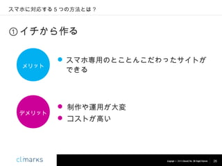 スマホに対応する５つの方法とは？

① イチから作る

メリット

デメリット

 スマホ専用のとことんこだわったサイトが
できる

 制作や運用が大変
 コストが高い

Copyright © 2013 Climarks Inc. All Rights Reserved.

26

 