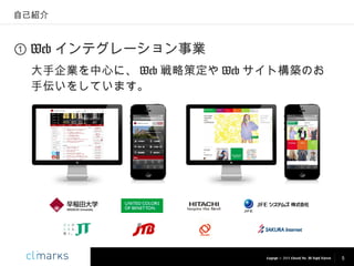 自己紹介

① Web インテグレーション事業
大手企業を中心に、 Web 戦略策定や Web サイト構築のお
手伝いをしています。

Copyright © 2013 Climarks Inc. All Rights Reserved.

5

 