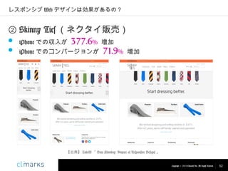 レスポンシブ Web デザインは効果があるの？

② Skinny Ties （ネクタイ販売）
 iPhone での収入が 377.6% 増加
 iPhone でのコンバージョンが 71.9% 増加

【出典】 LukeW 「 Data Monday: Impact of Responsive Designs 」

Copyright © 2013 Climarks Inc. All Rights Reserved.

52

 